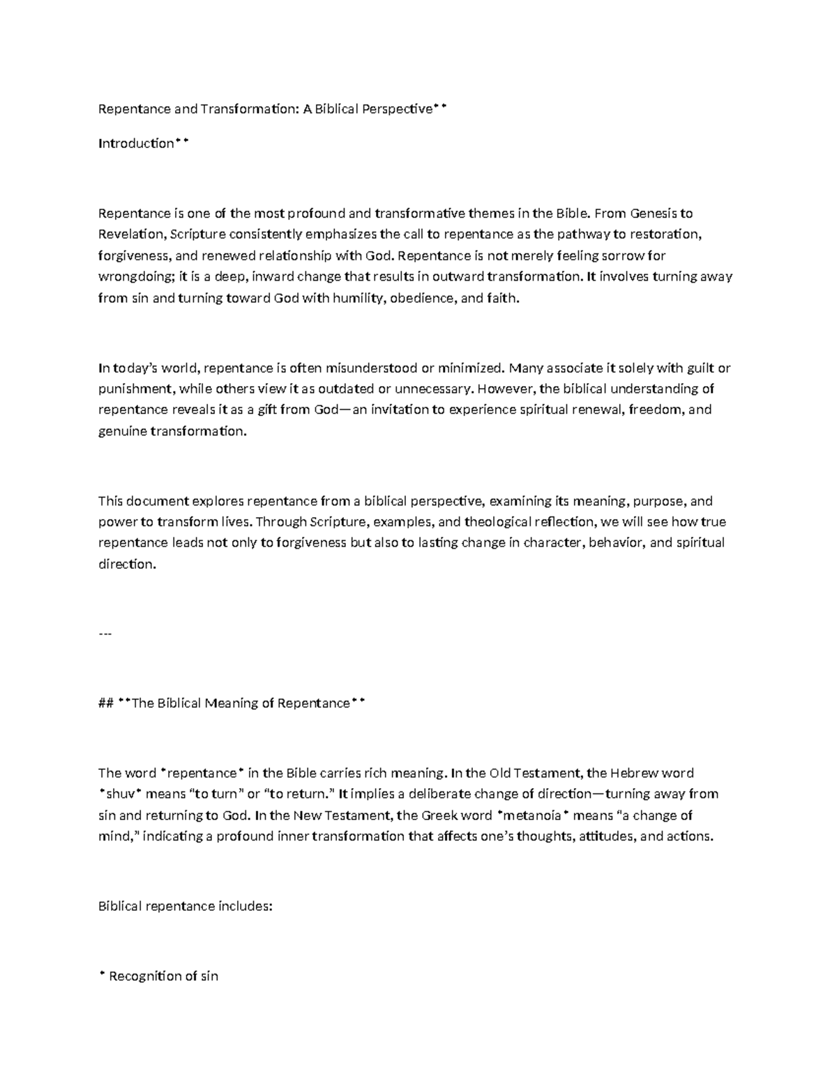 Biblical Repentance and Transformation: Insights from Scripture - Studocu