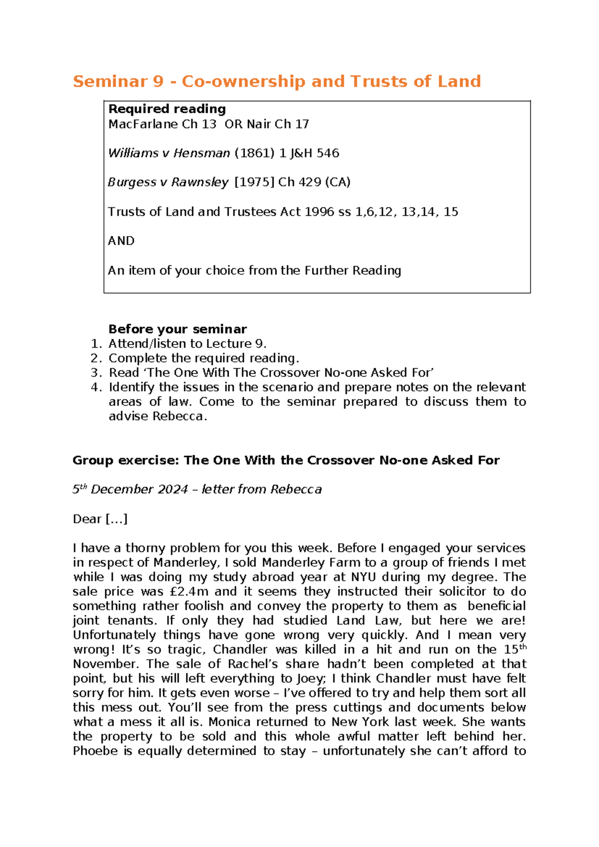 Seminar 9 handout - practise questions - Seminar 9 - Co-ownership and ...