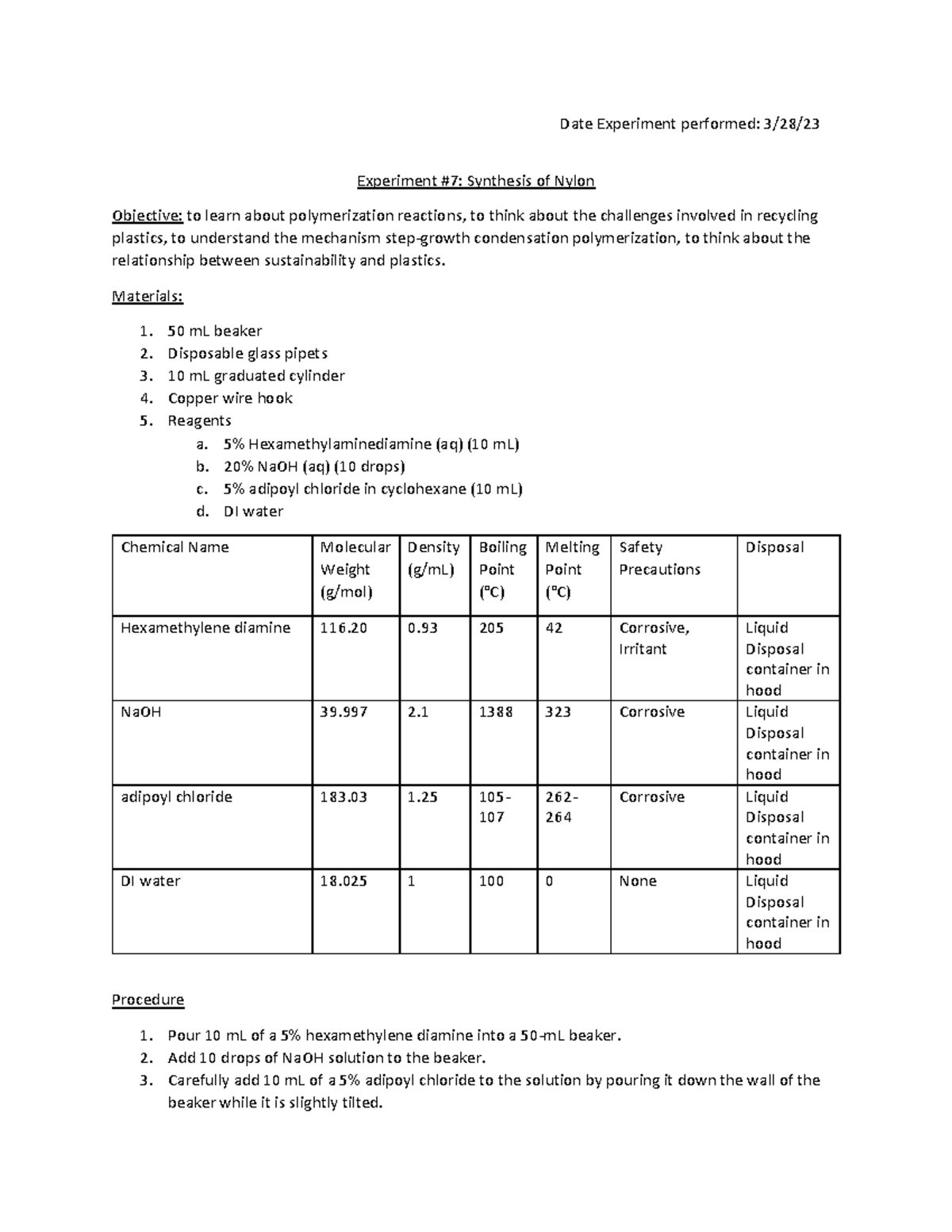 OChem 2 Lab 7 Postlab - Most Recent Lab Work - Date Experiment ...