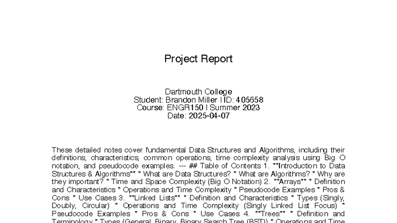 ENGR150 Project Report: Data Structures & Algorithms Overview - Studocu
