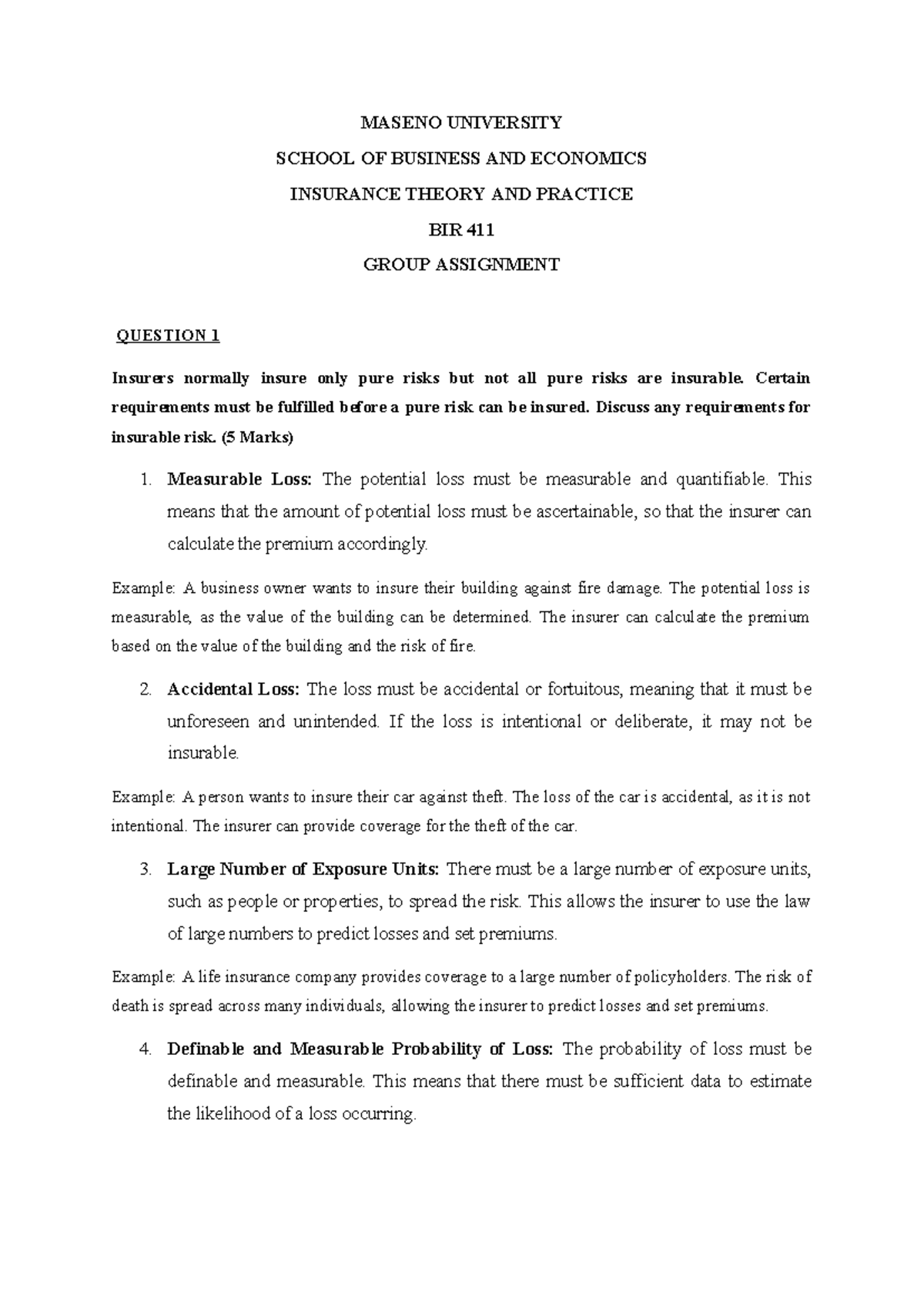 Insurance Theory and Practice Group Assignment - BIR 411 Insights - Studocu
