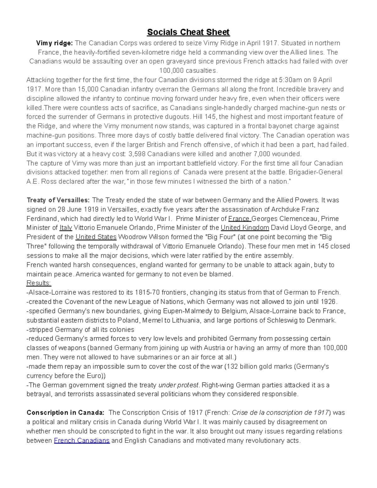 HIST 201: Socials Cheat Sheet on Vimy Ridge, Treaty of Versailles ...