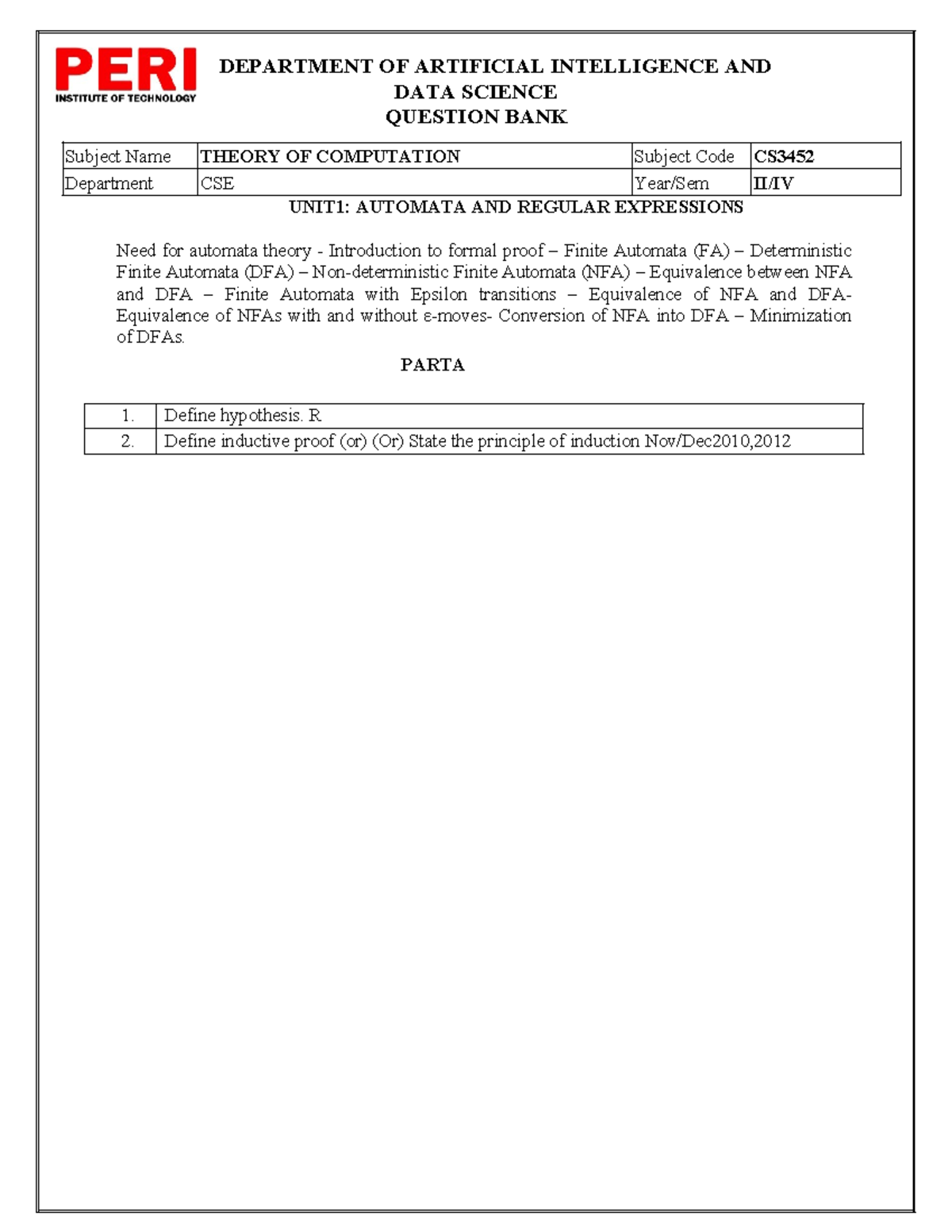 CS3452 Theory of Computation Question Bank - Studocu