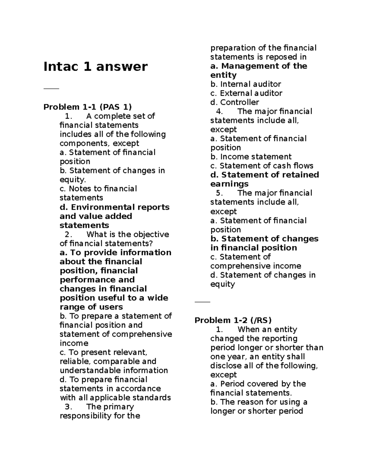 Intac 1 Answer Key (PAS 1) - Financial Statements Overview - Studocu