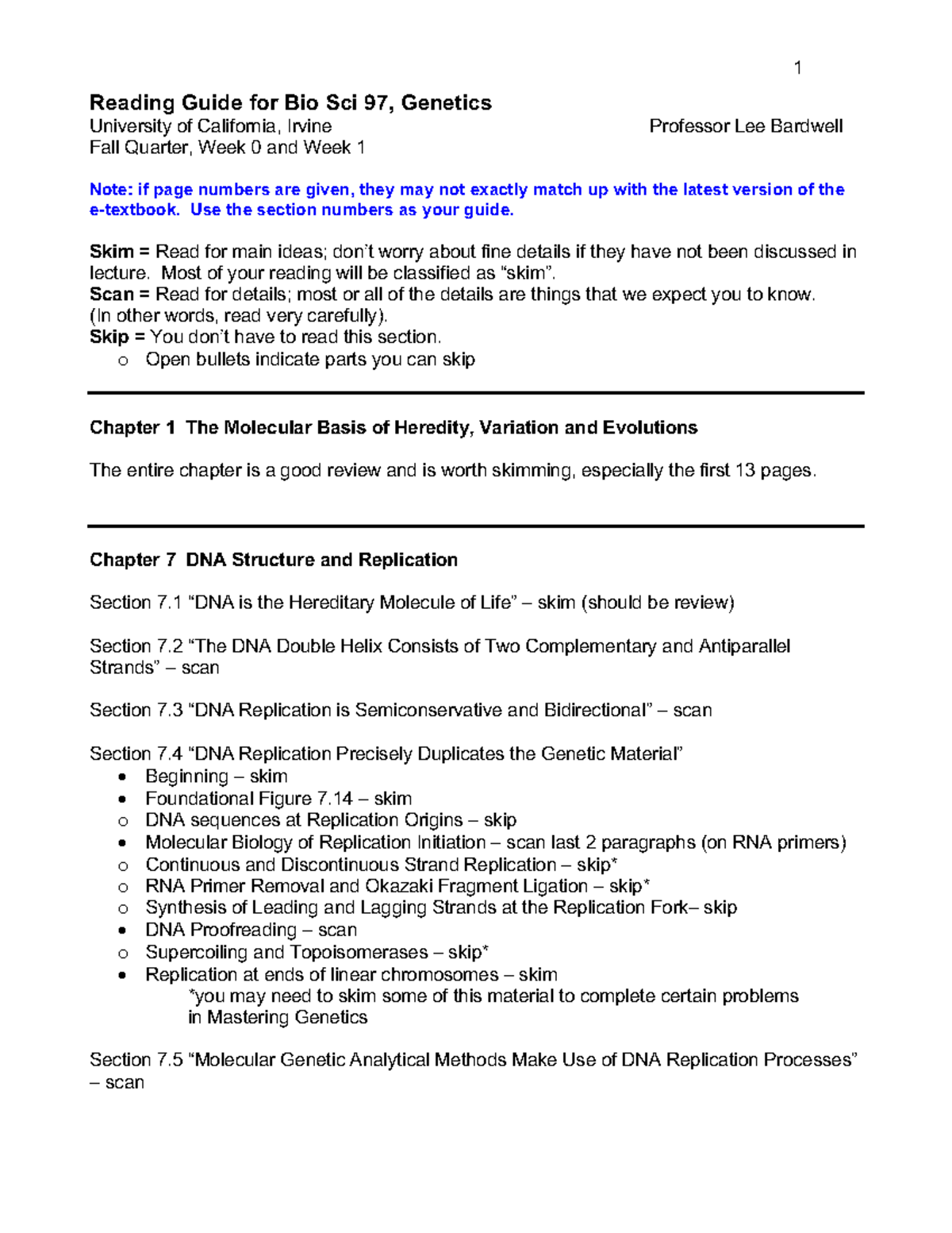Week 1 Reading Guide for Bio Sci 97, Genetics at UC Irvine - Studocu