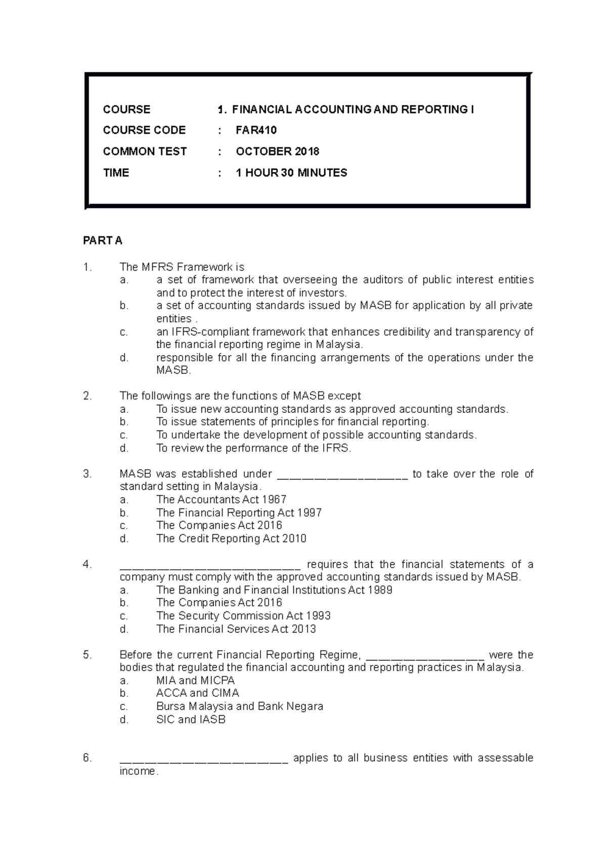 FAR410 COMMON TEST OCT 2018 - Questions & Answers on Financial ...