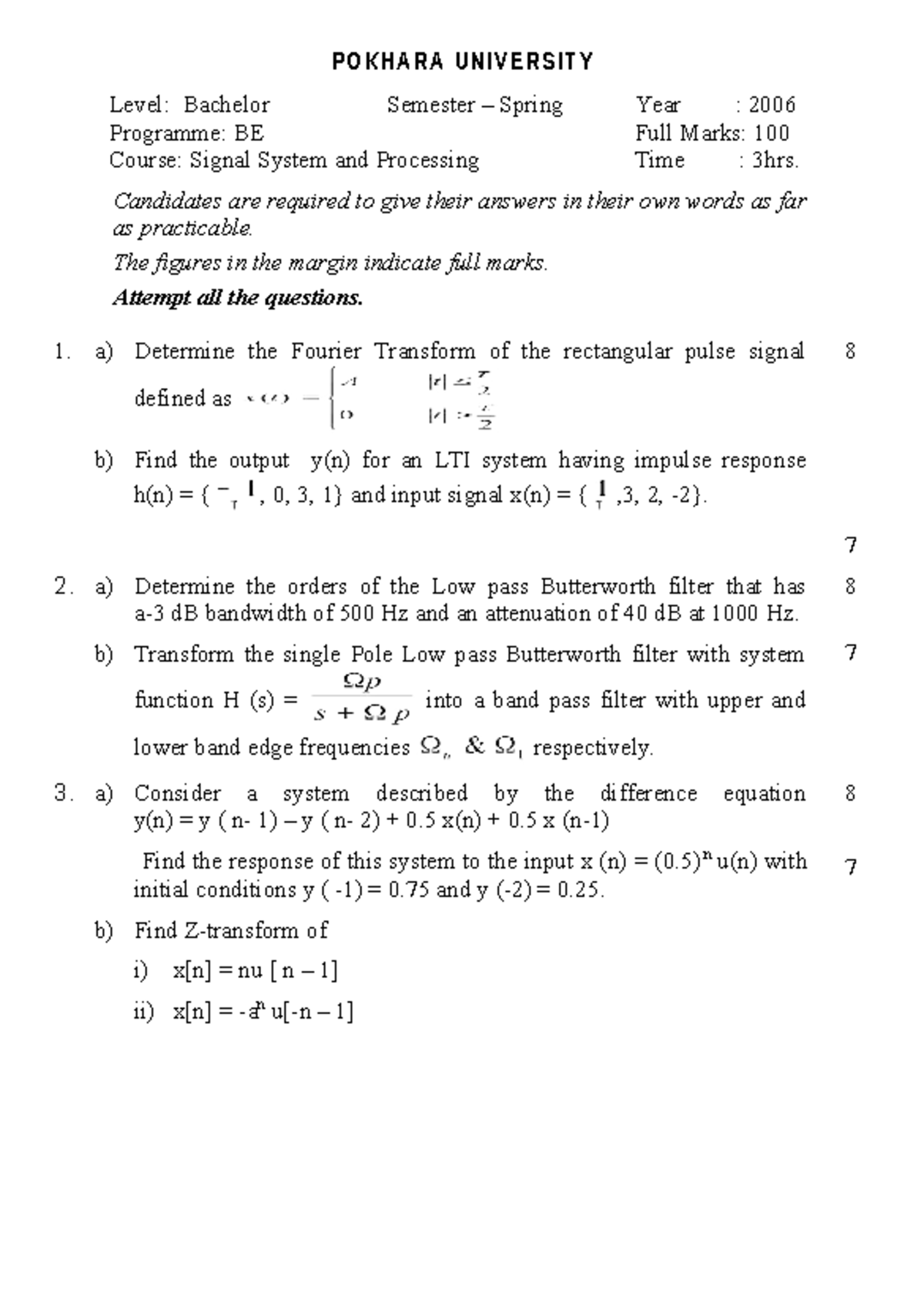 Signal System & Processing BE 2006 Spring Exam Paper - Studocu