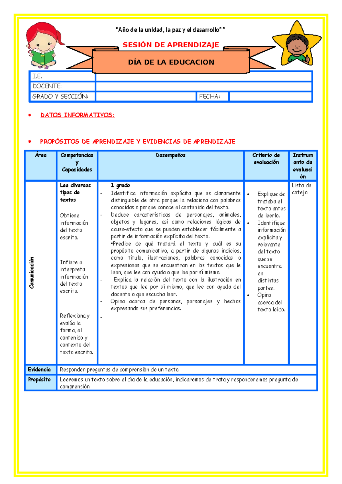 1° E1 S3 Sesión D4 PLAN Lector DIA DE LA Educacion - SESIÓN DE ...