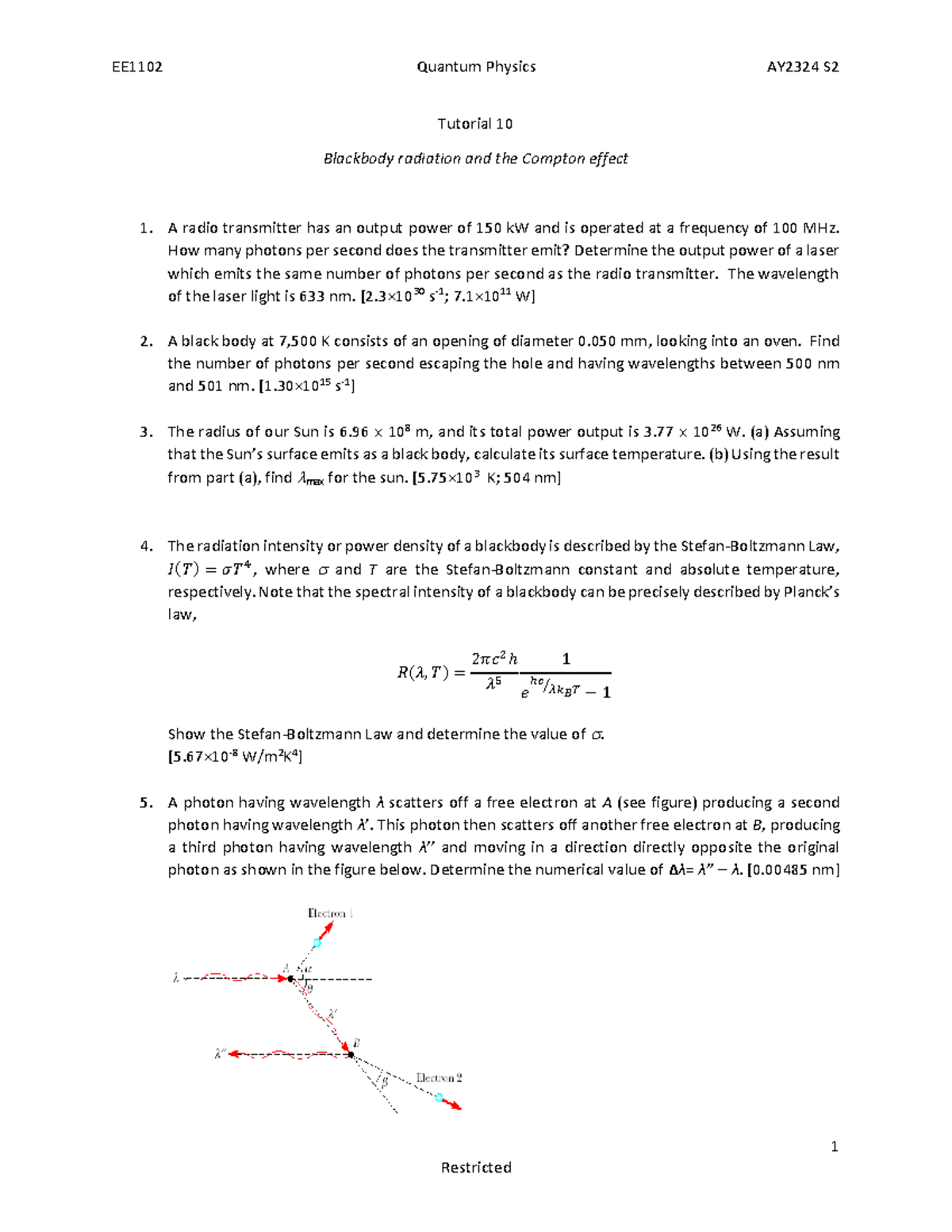 EE1102 Quantum Physics Tutorial Week 10 Overview and Problems - Studocu