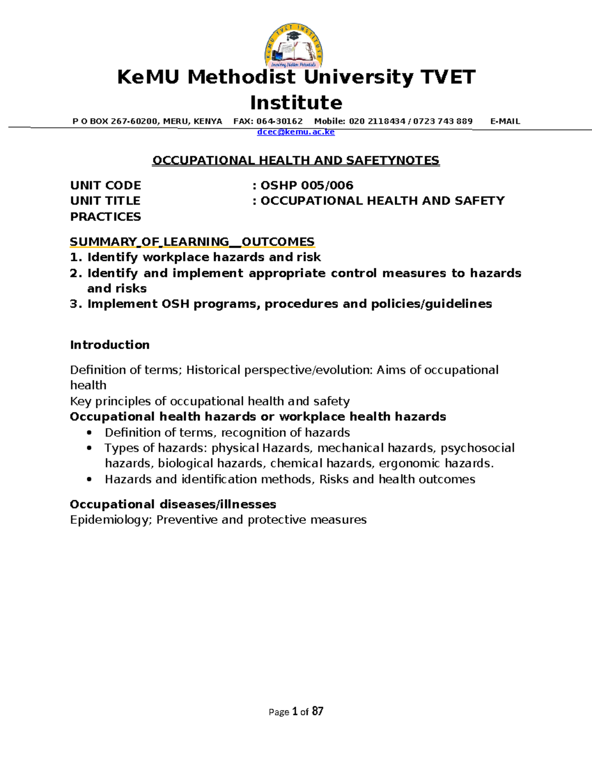 OSHP 005: Comprehensive Occupational Health & Safety Notes - Studocu