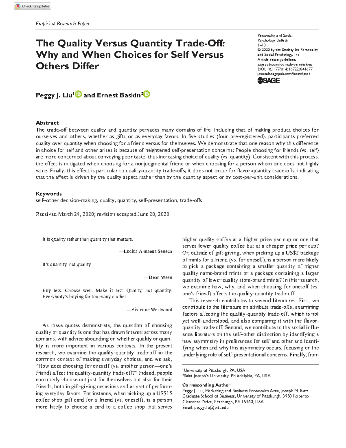 PSY 941677: Quality vs. Quantity in Choices for Self vs. Others - Liu ...