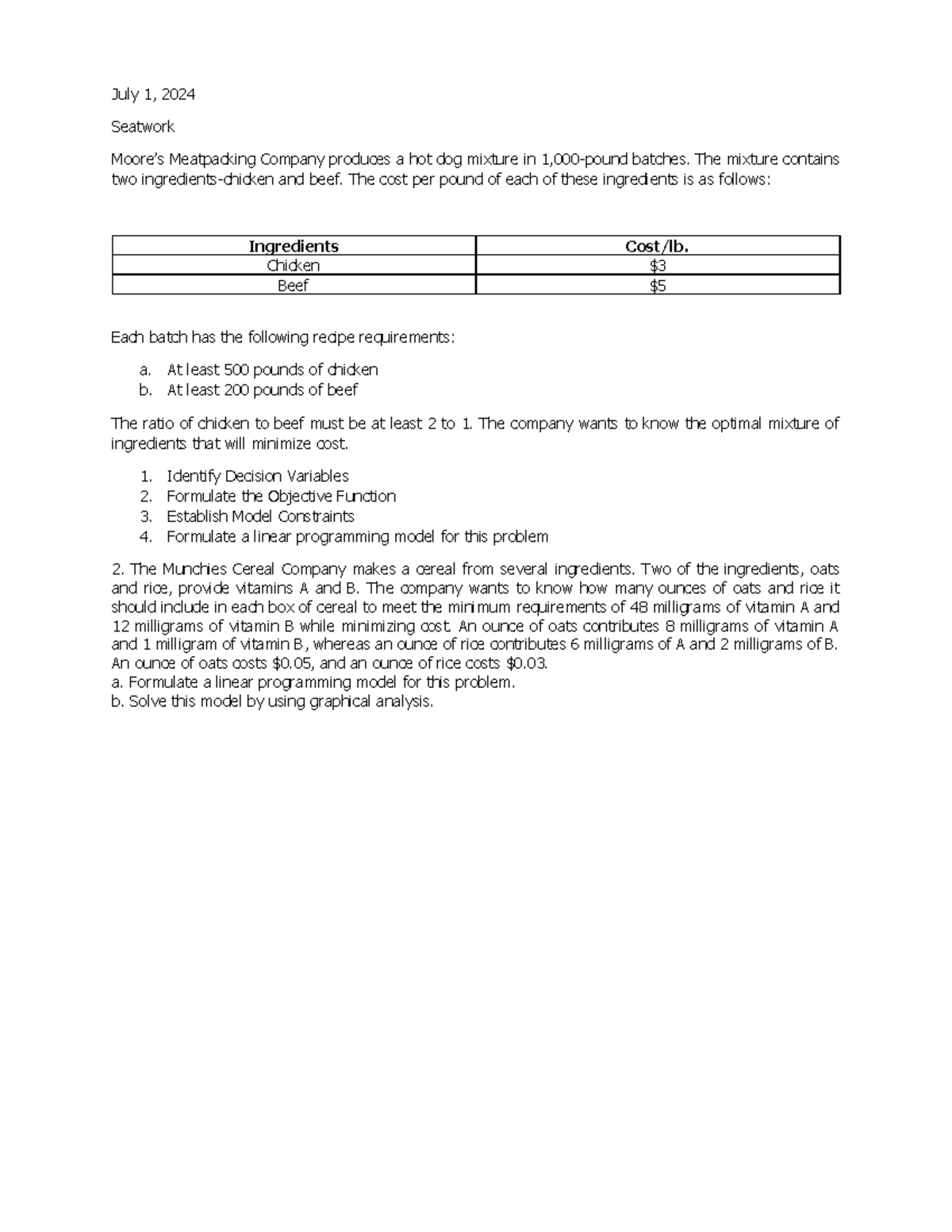 Linear Programming Cost Minimization Problems Analysis - Studocu