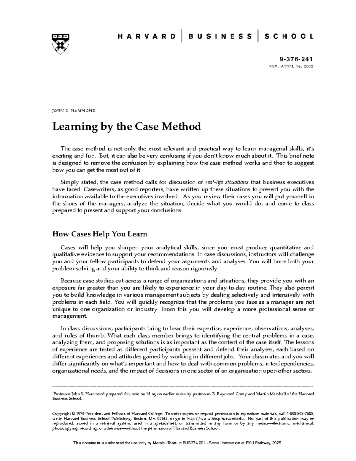 BUS374.001 Learning the Case Method: Strategies for Success - Studocu