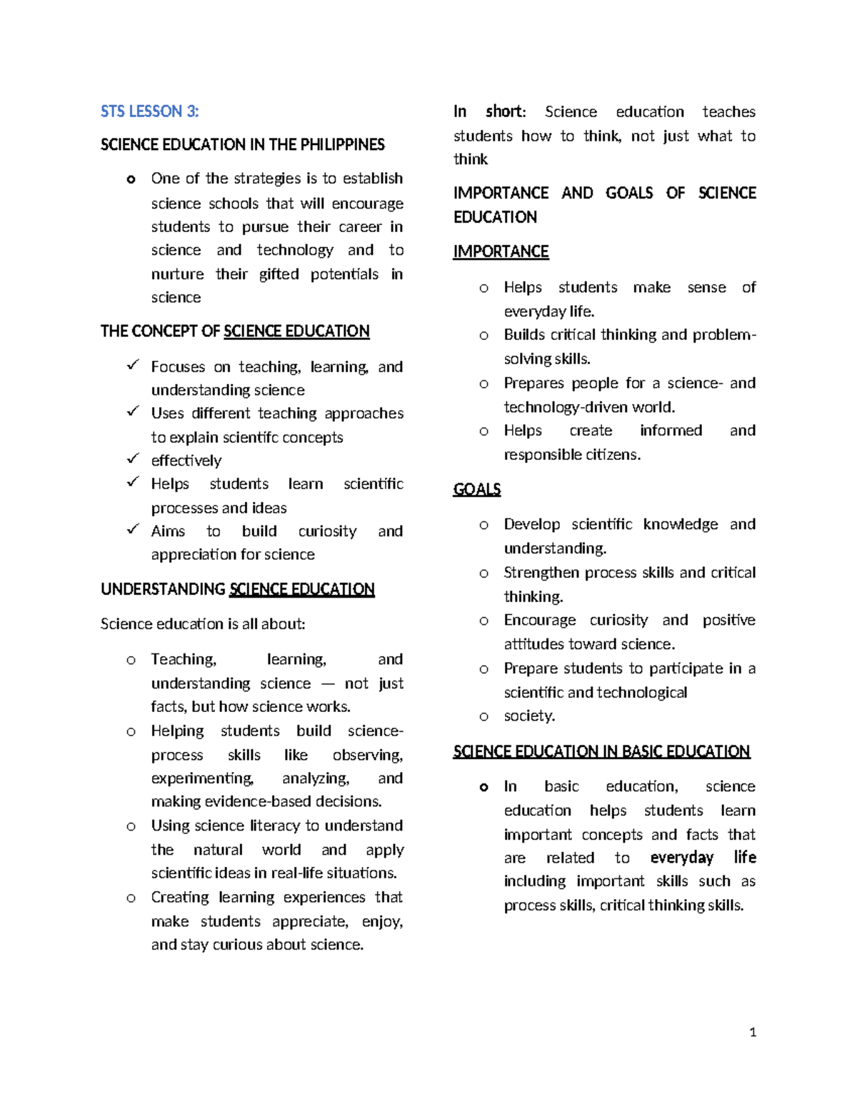 STS LESSON 3: SCIENCE EDUCATION IN THE PHILIPPINES NOTES - Studocu
