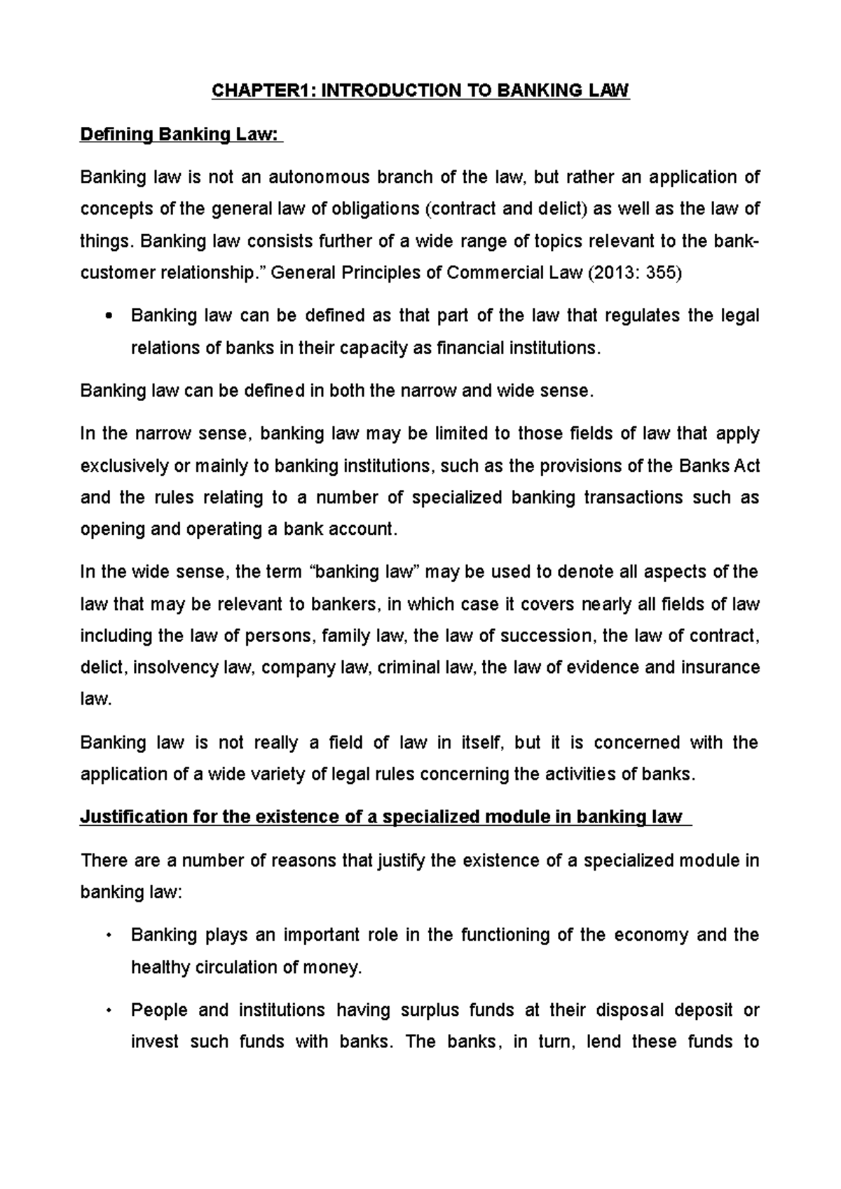 BANKING LAW NOTES: CHAPTER 1 - INTRODUCTION TO BANKING LAW - Studocu