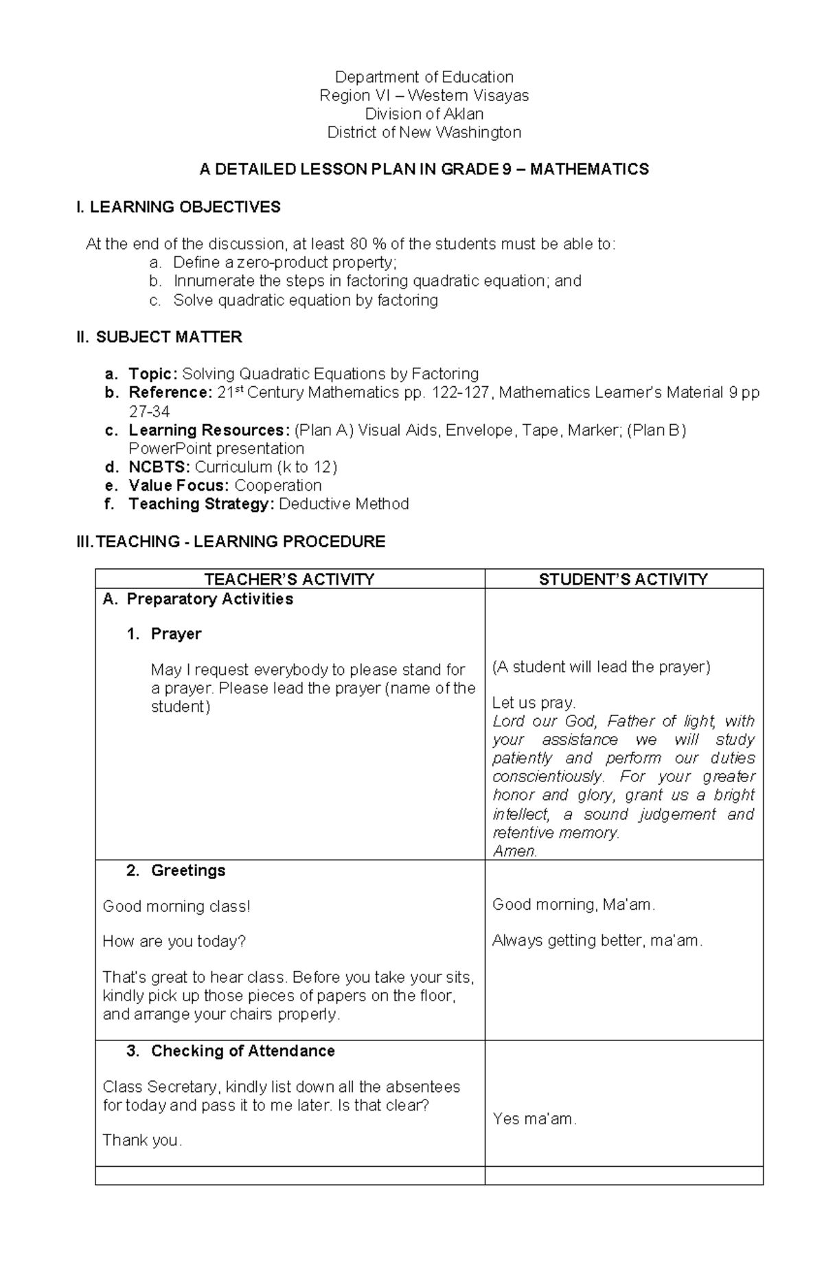 Detailed Lesson Plan in Grade 9 Math: Solving Quadratic Equations (DLP ...