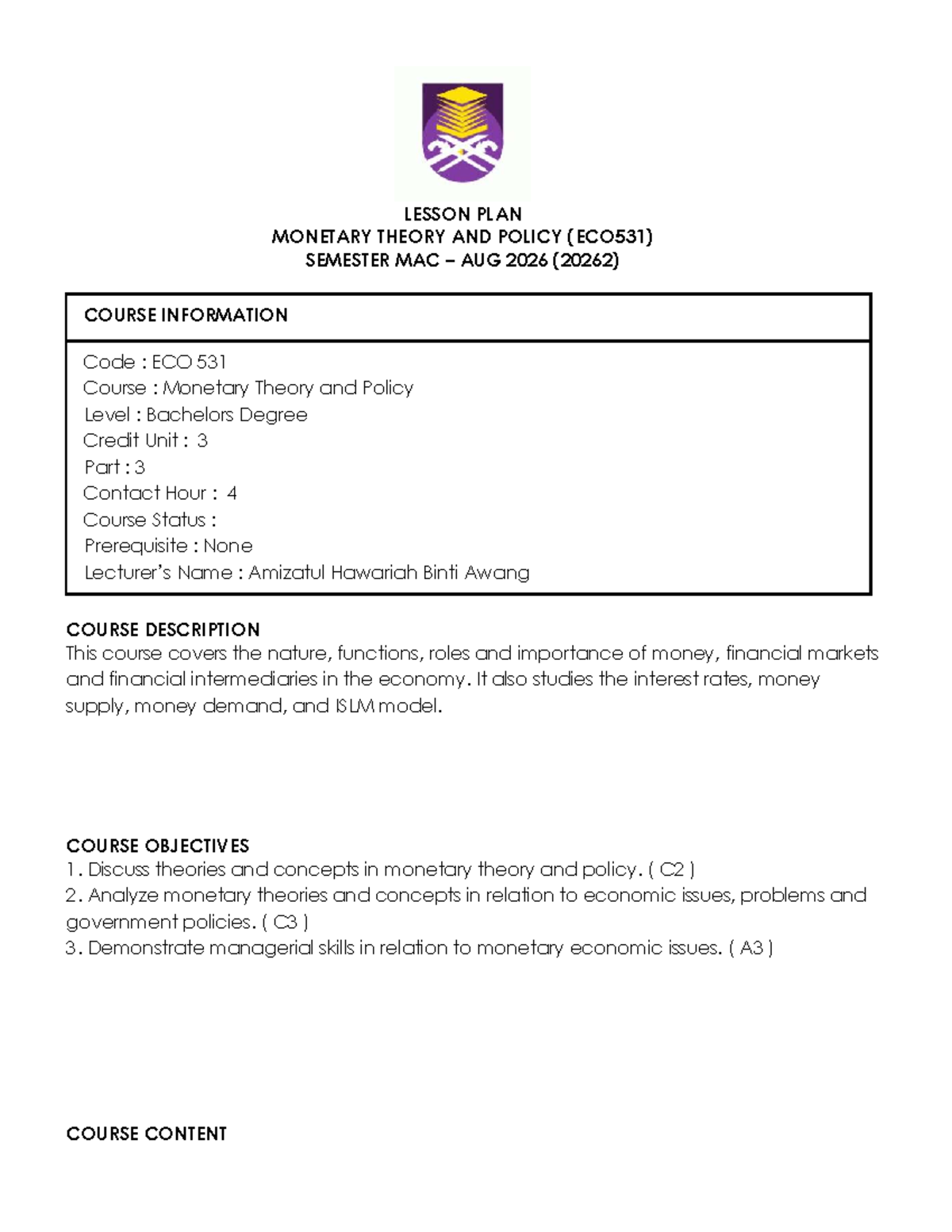 ECO531 Lesson Plan: Monetary Theory & Policy Overview (20262) - Studocu