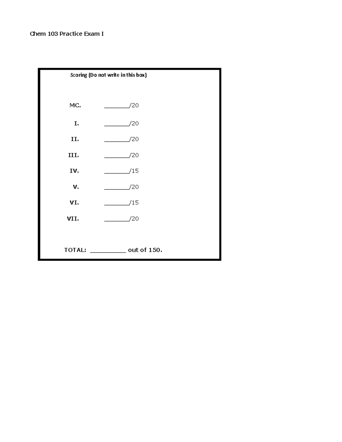 Chem 103 Practice Exam I: MC & Short Answer Questions - Studocu