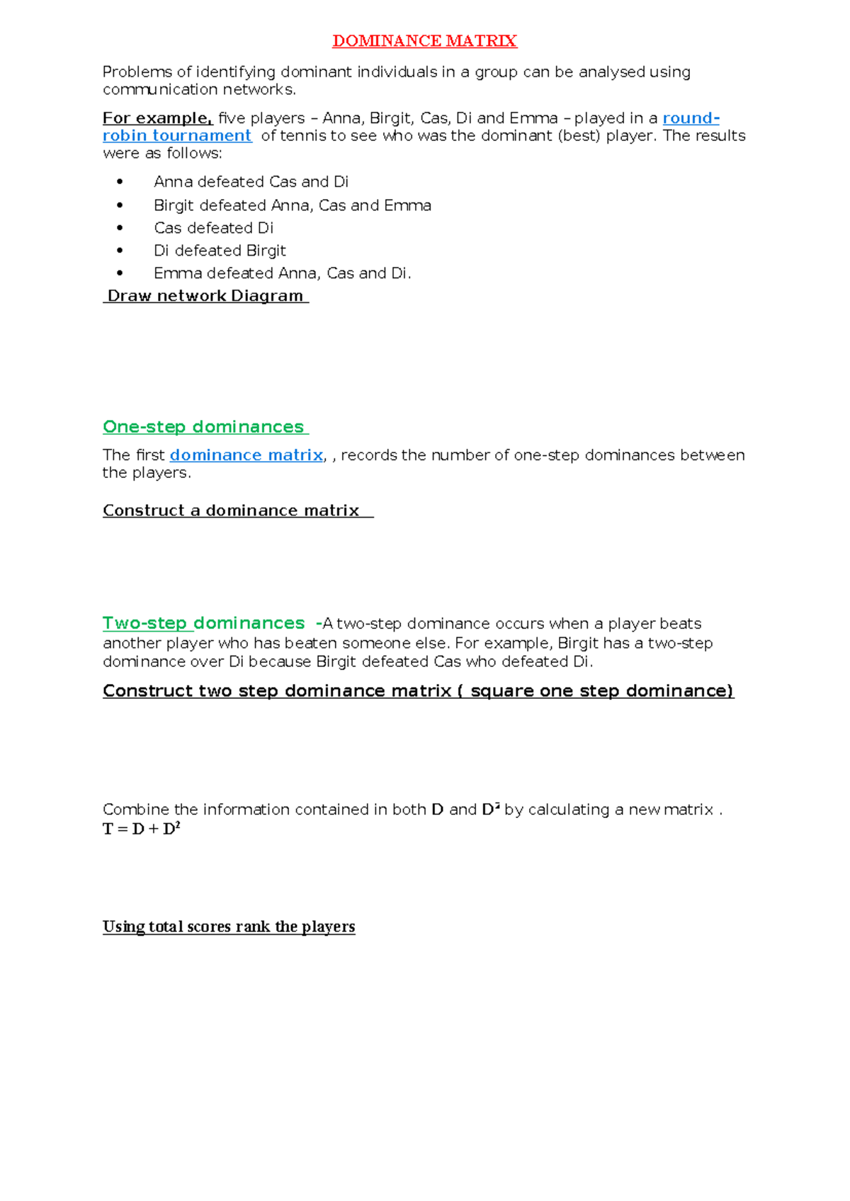 Dominance Matrix Analysis - Worksheet for Communication Networks - Studocu