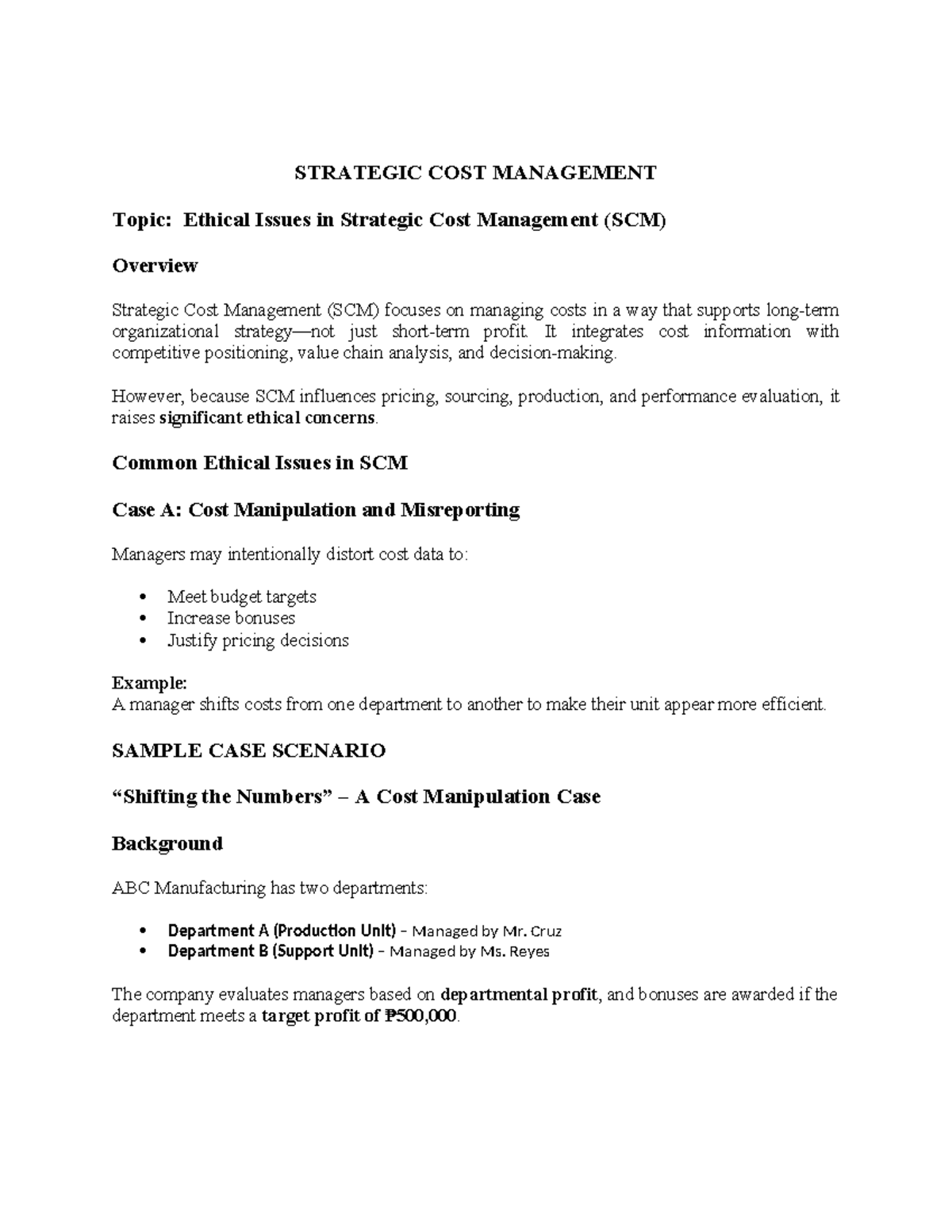 Strategic Cost Management (SCM) Ethical Issues Overview and Analysis ...