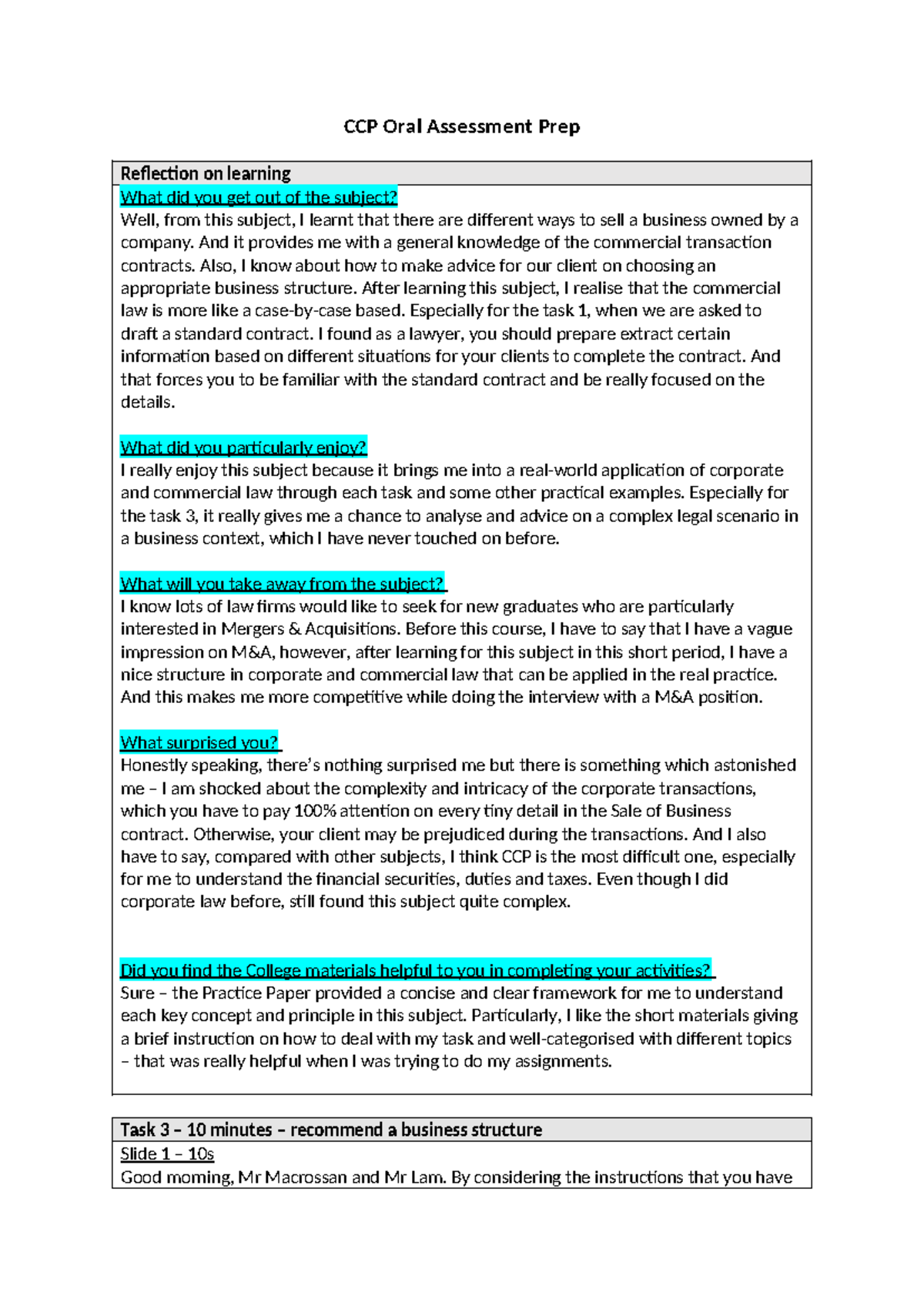 CCP Oral Assessment Prep: Recommendations on Business Structures - Studocu