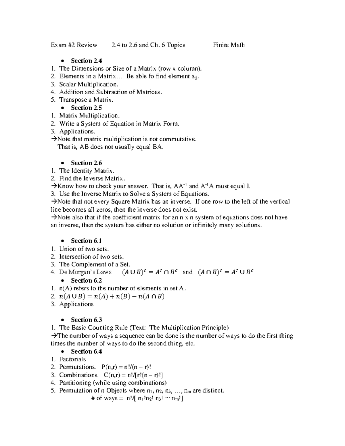 Exam 2 Review: Finite Math Topics 2.4-2.6 & Ch. 6 Concepts - Studocu