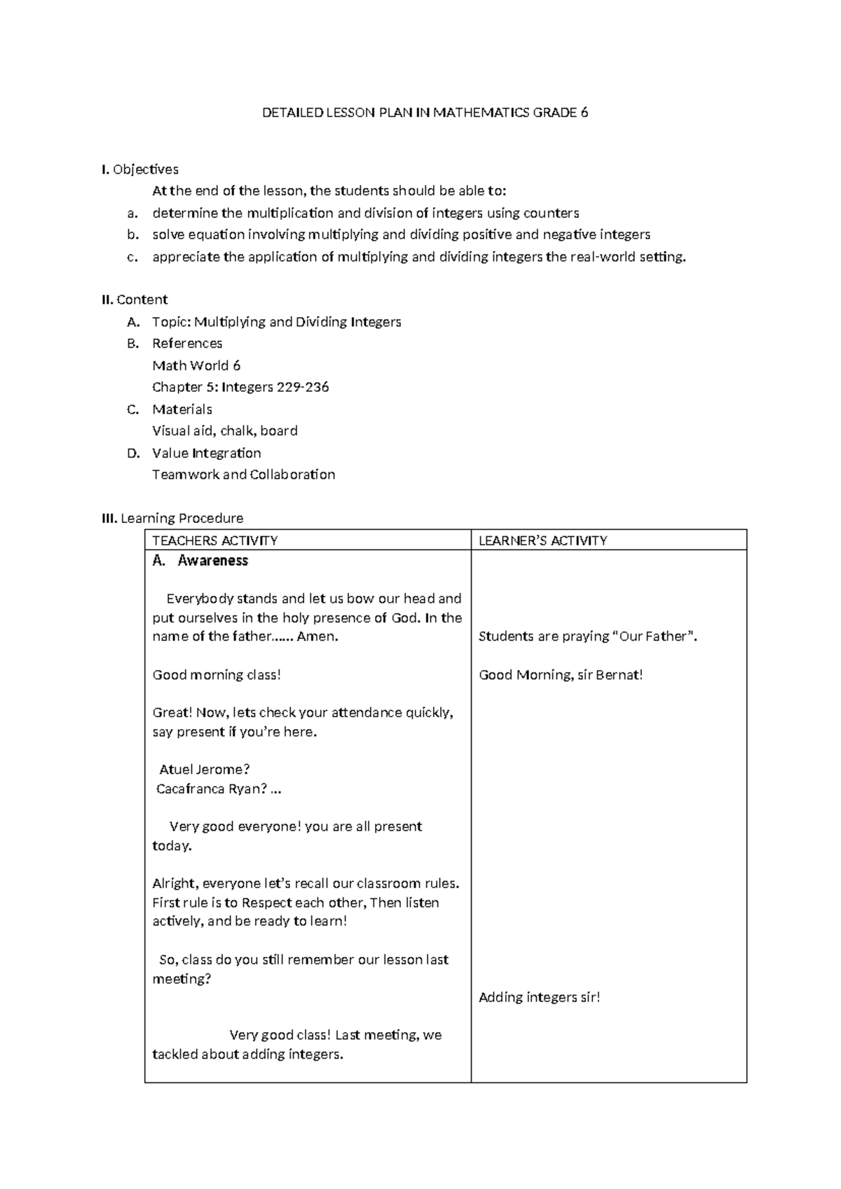 DLP: Detailed Lesson Plan for Mathematics Grade 6 on Integers - Studocu