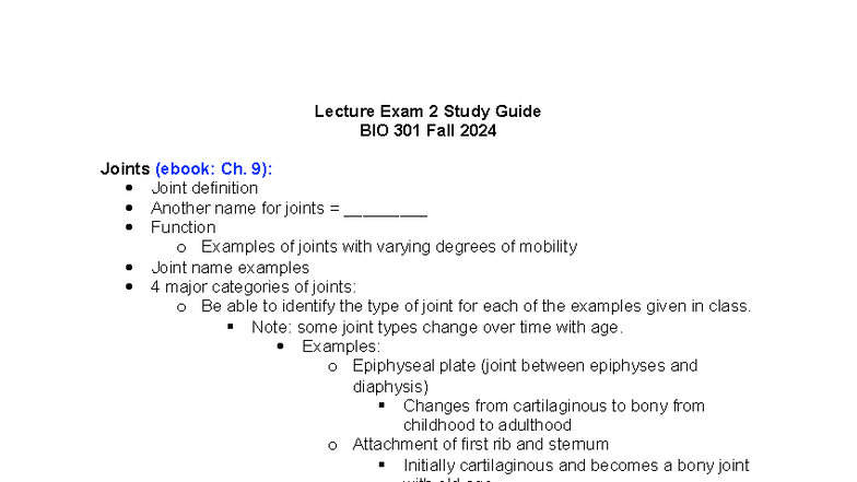 BIO 301 Fall 2024 Lecture Exam 2 Study Guide: Muscles & Joints - Studocu