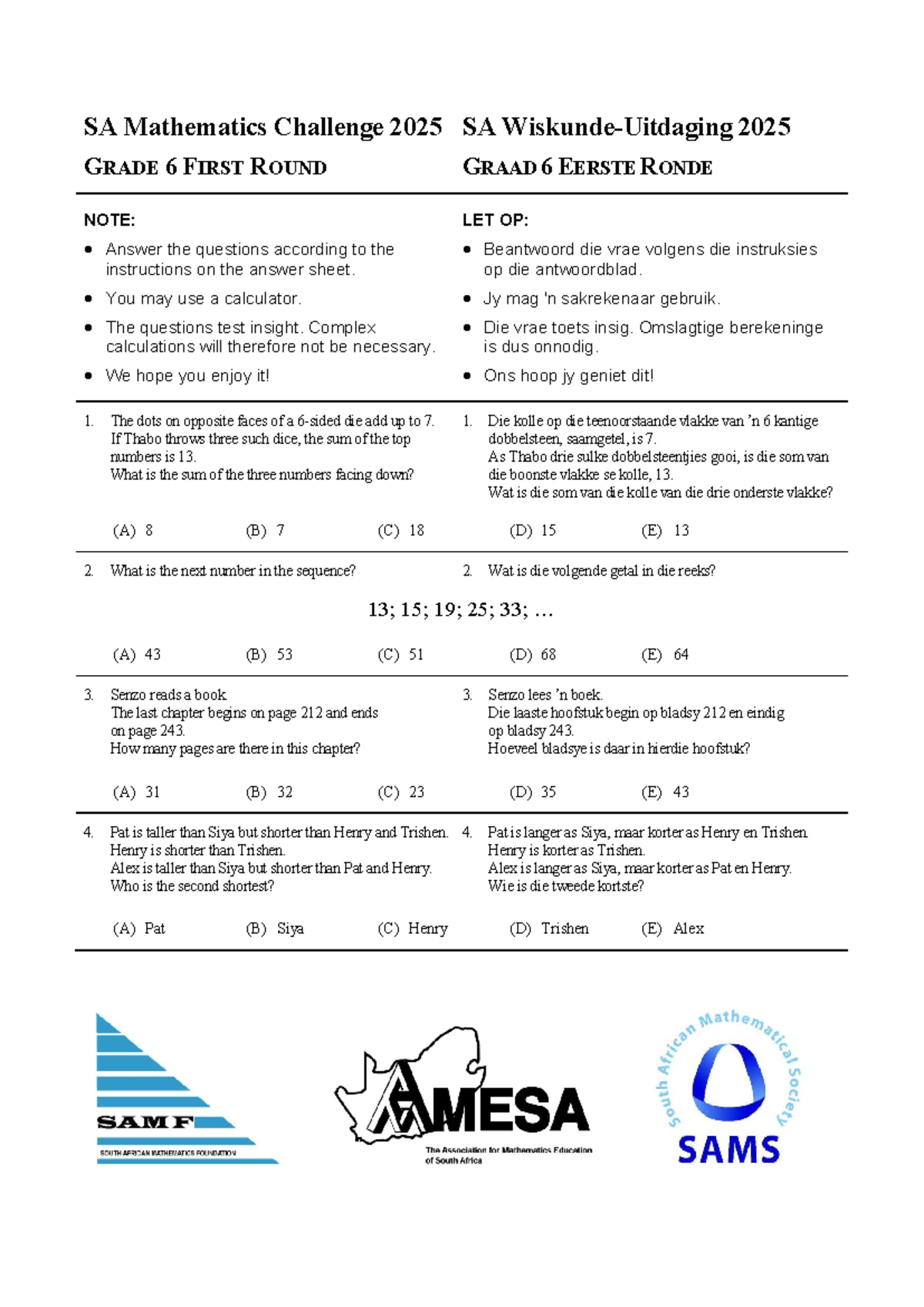 SA Mathematics Challenge 2025: GRADE 6 First Round Questions - Studocu