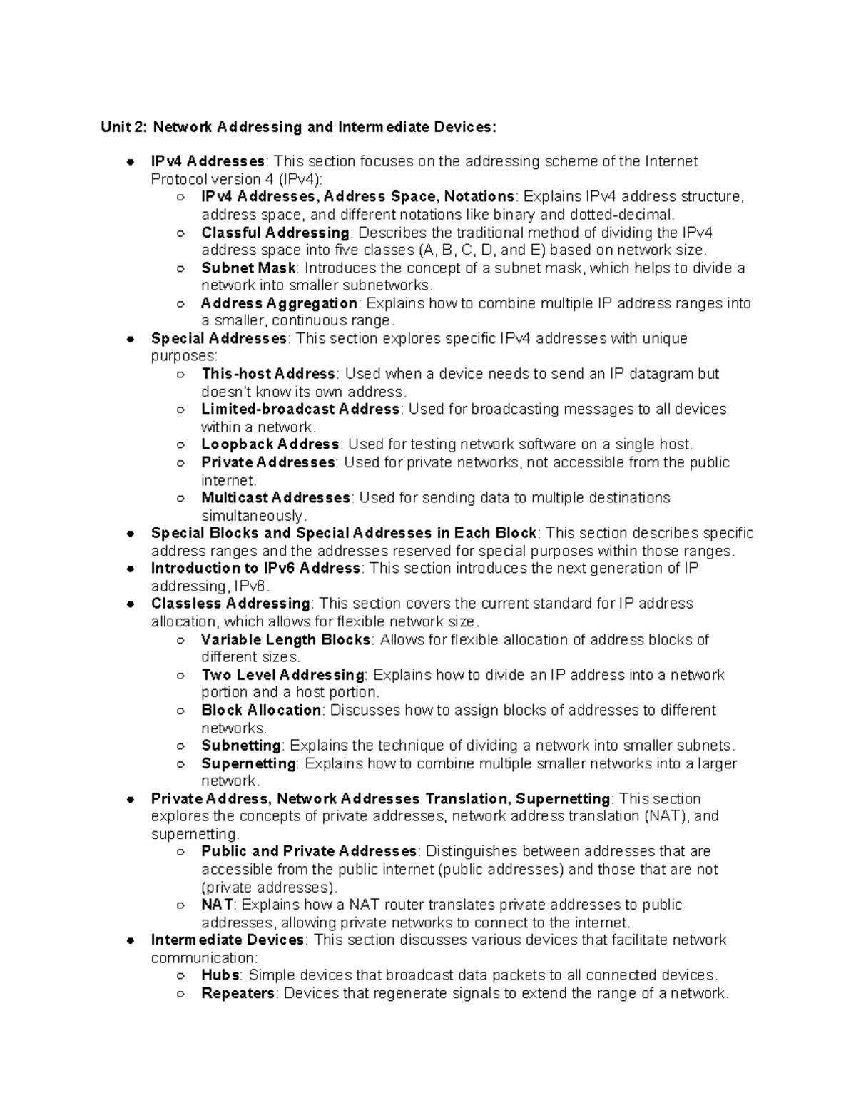 Unit 2: IPv4 Addressing & Intermediate Devices Overview - Studocu