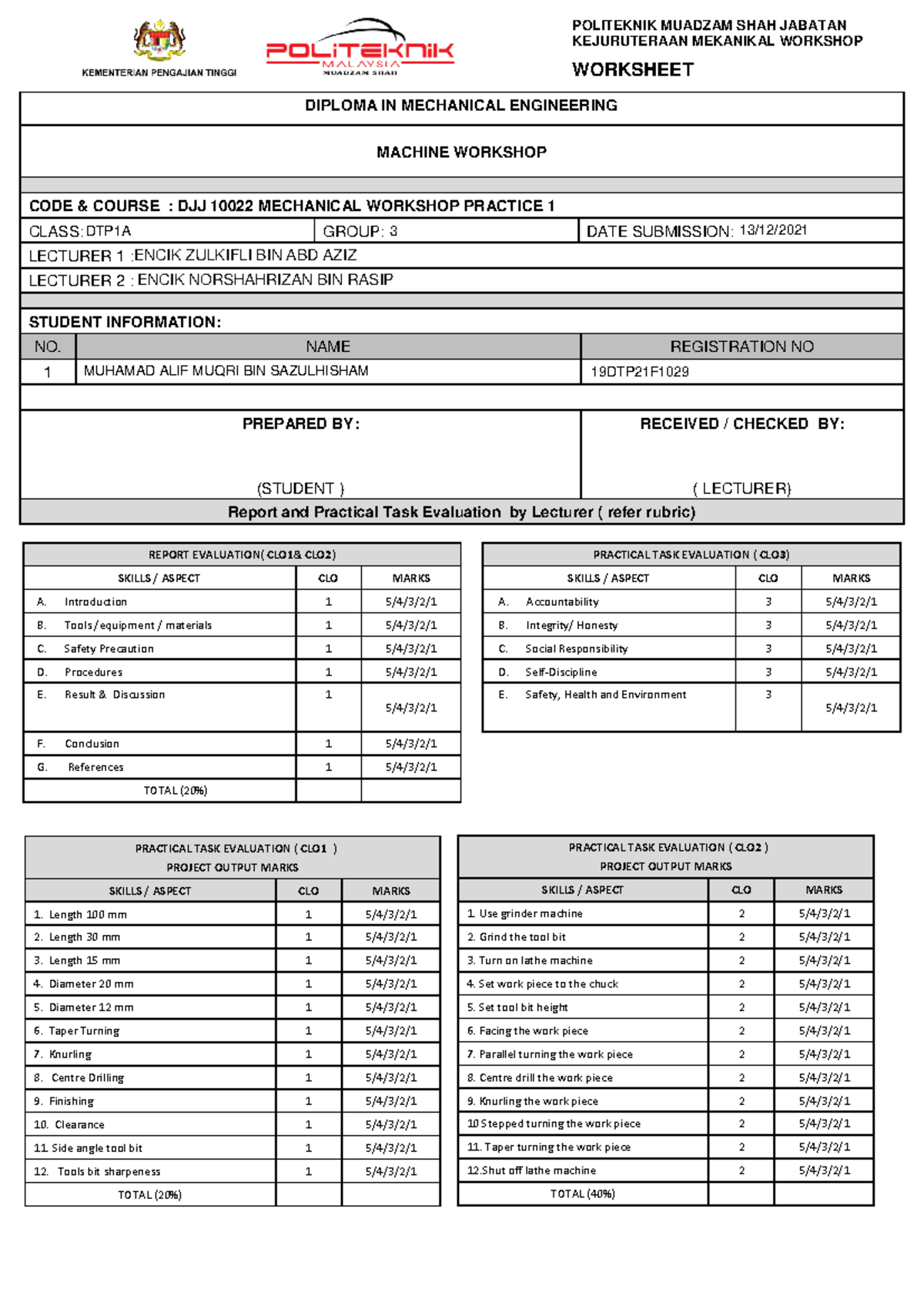 DJJ10022 Mechanical Workshop Practice 1 Report and Evaluation Guide ...
