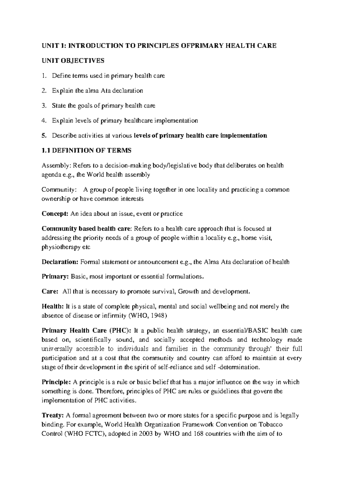 Introduction to Primary Health Care Principles - Unit 1 Notes - Studocu