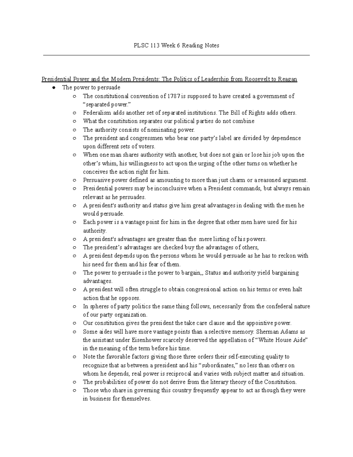 PLSC 113 Week 6 Notes: Presidential Power & Persuasion Dynamics - Studocu