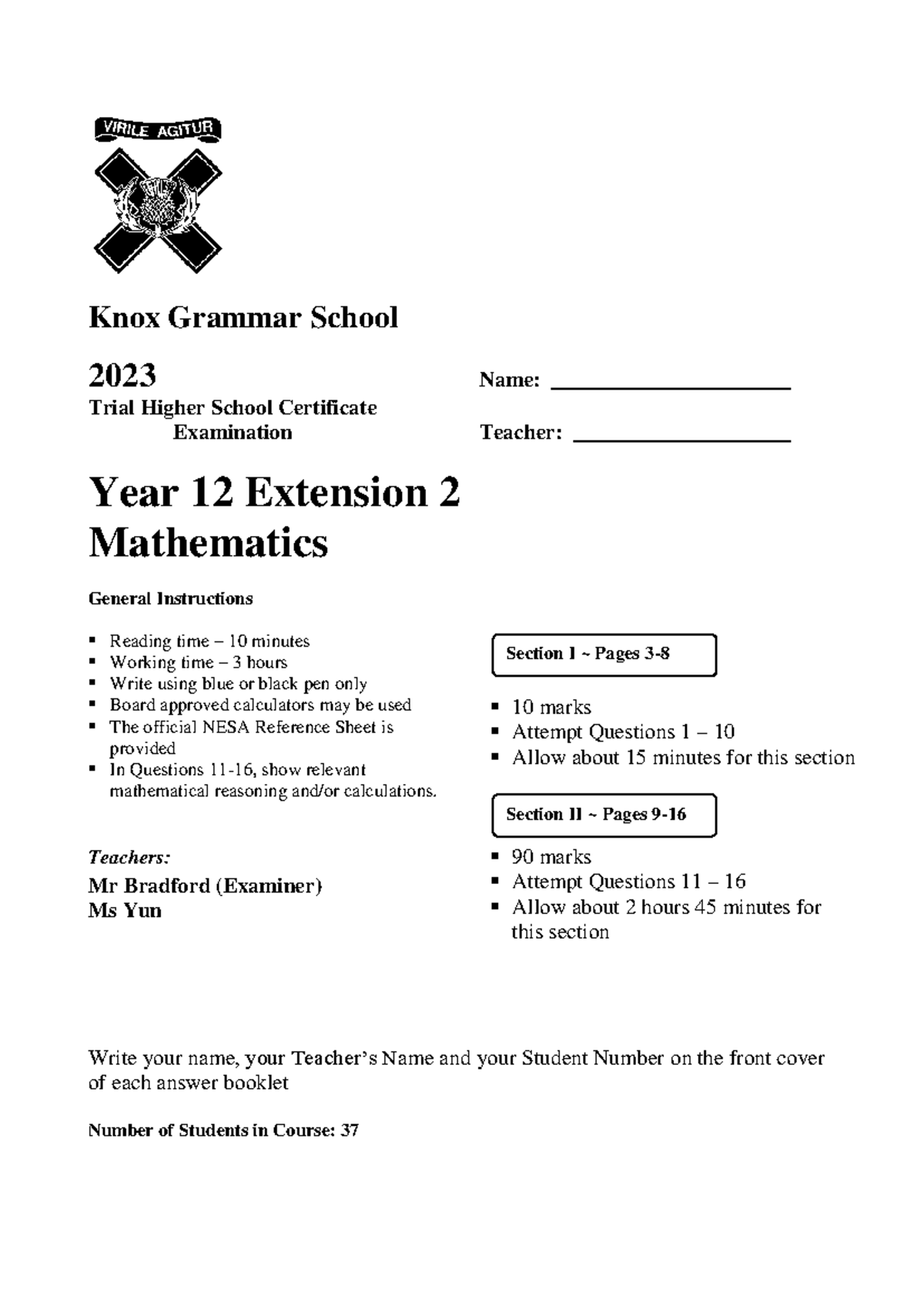 Knox Grammar School 2023 4U Mathematics Trial HSC Exam Solutions - Studocu