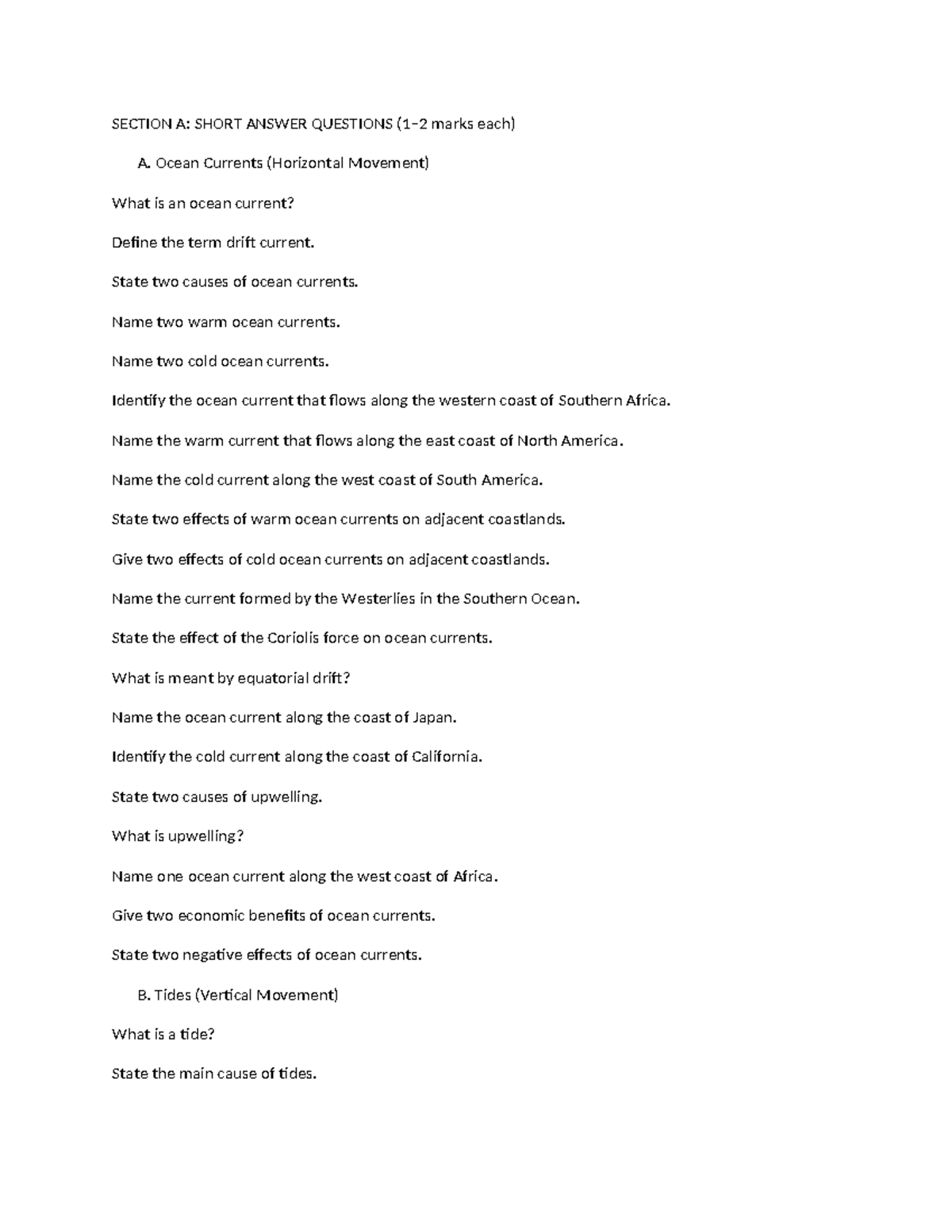 KCSE Geography: Ocean Currents & Tides Short Answer Questions - Studocu