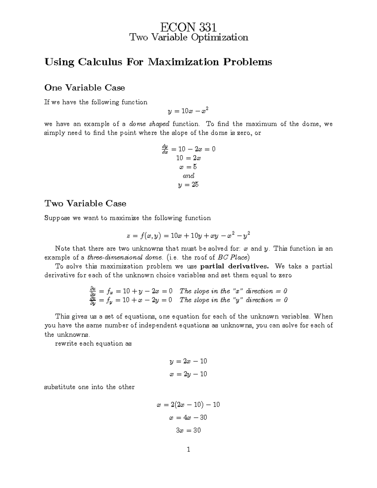 ECON 331: Two Variable Optimization Techniques with Economic Context ...