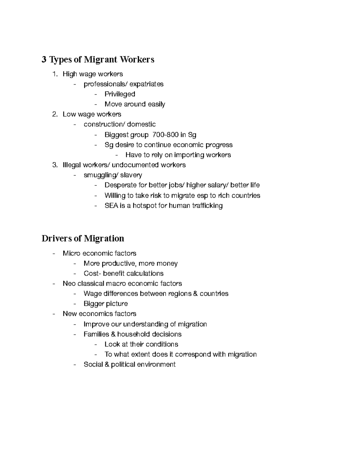 HS1003 SPG - Types of Migrant Workers & Migration Drivers Notes - Studocu
