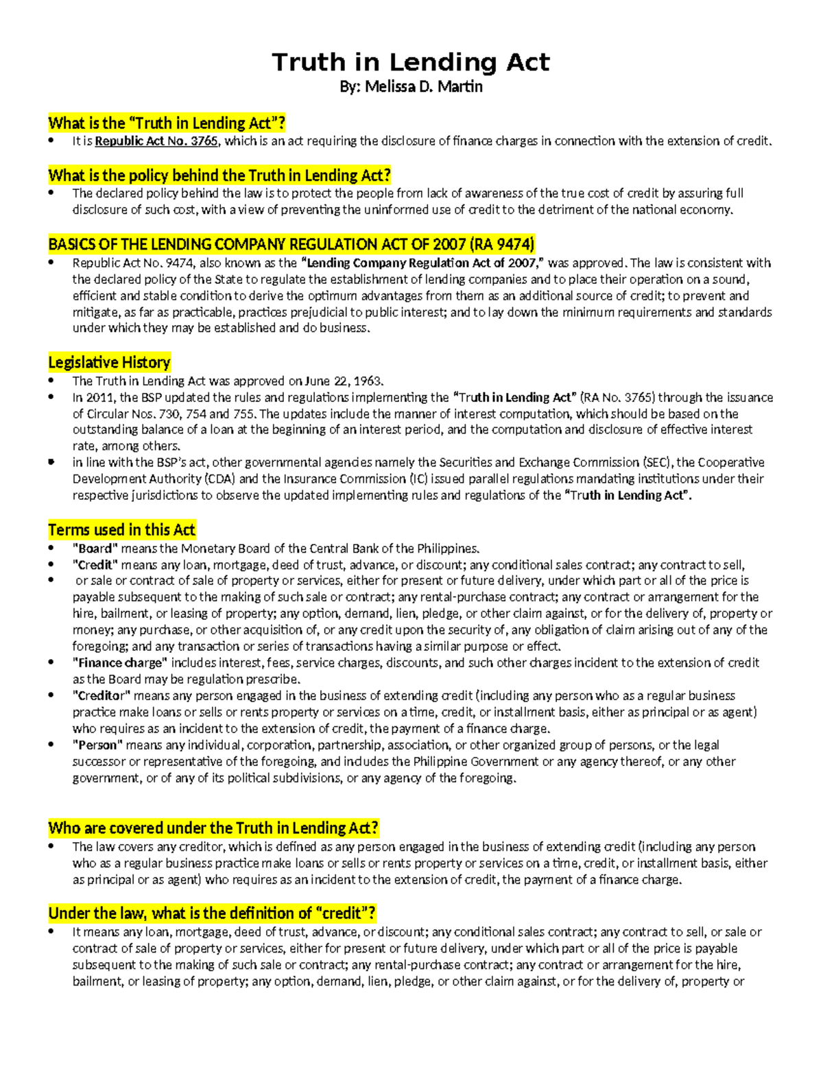 Truth in Lending Act Overview and Key Provisions (RA 3765) - Studocu