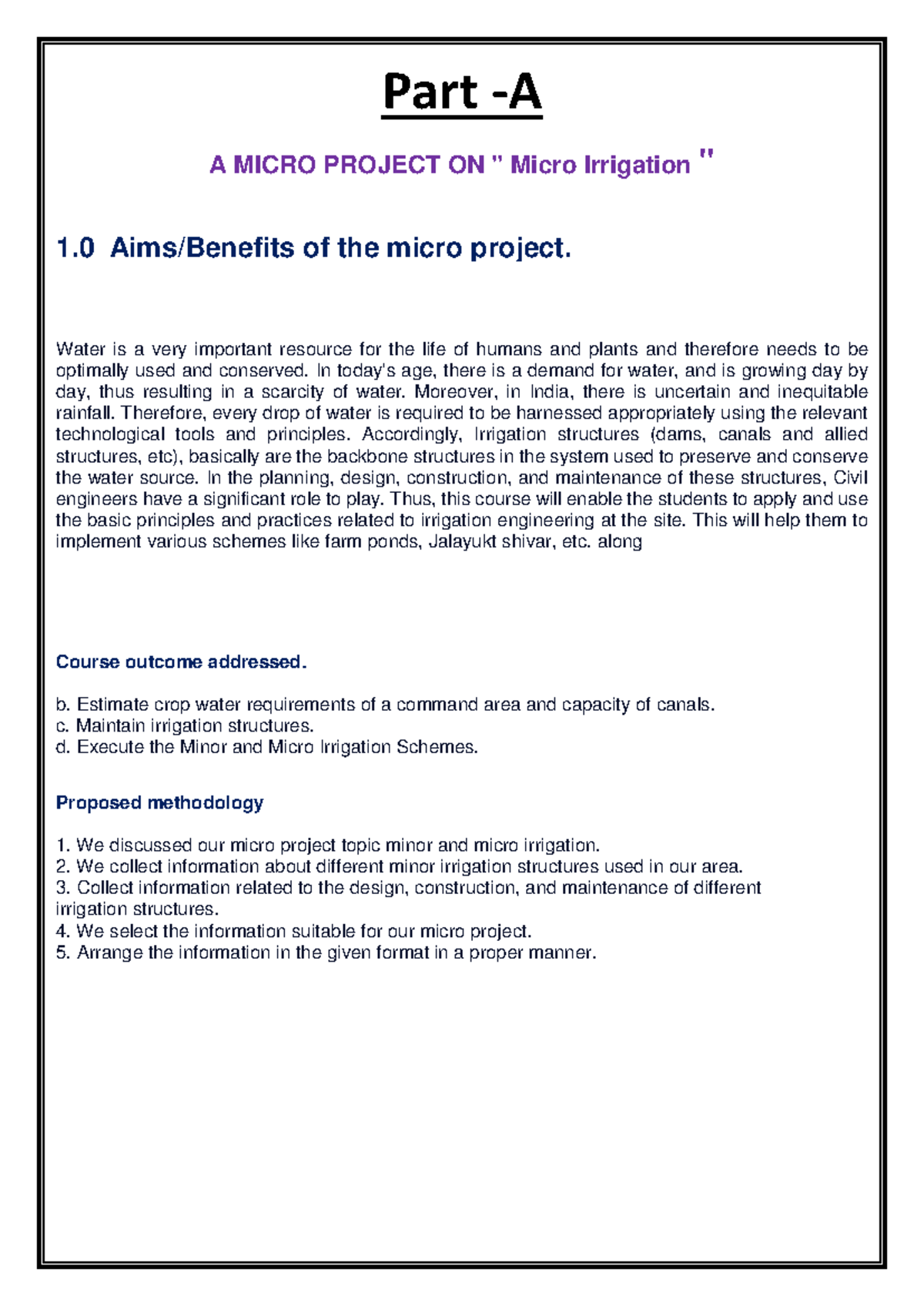 WRE Project - Study in diapolma in civil engineering - Part - A A MICRO ...