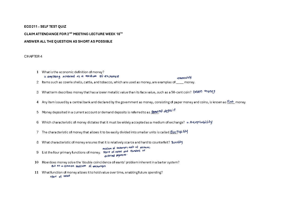 ECO211 SELF TEST QUIZ: Week 10 Lecture Questions and Answers - Studocu