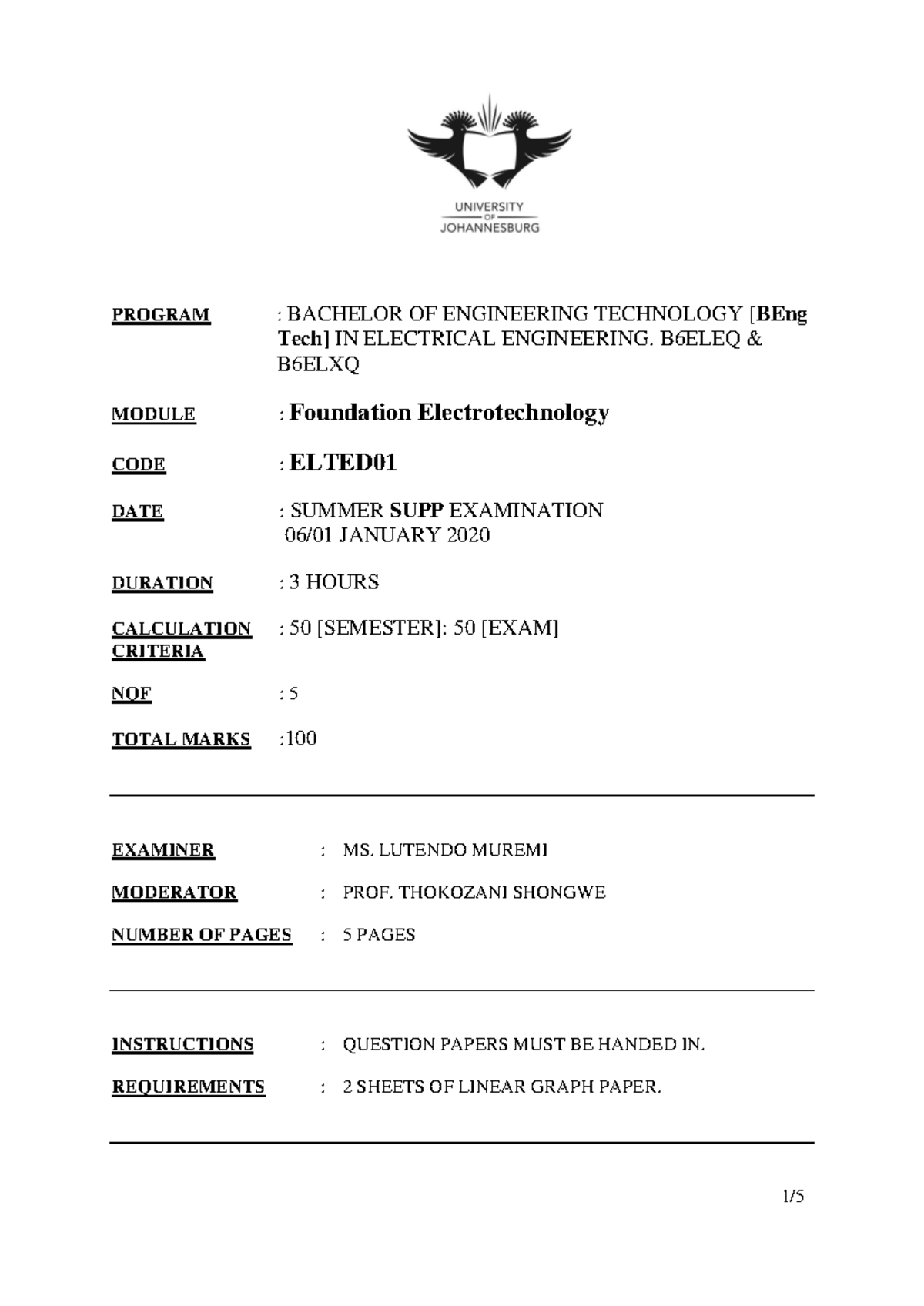 Foundation Electrotechnology Exam ELTED01 - Summer Supp 2020 - Studocu
