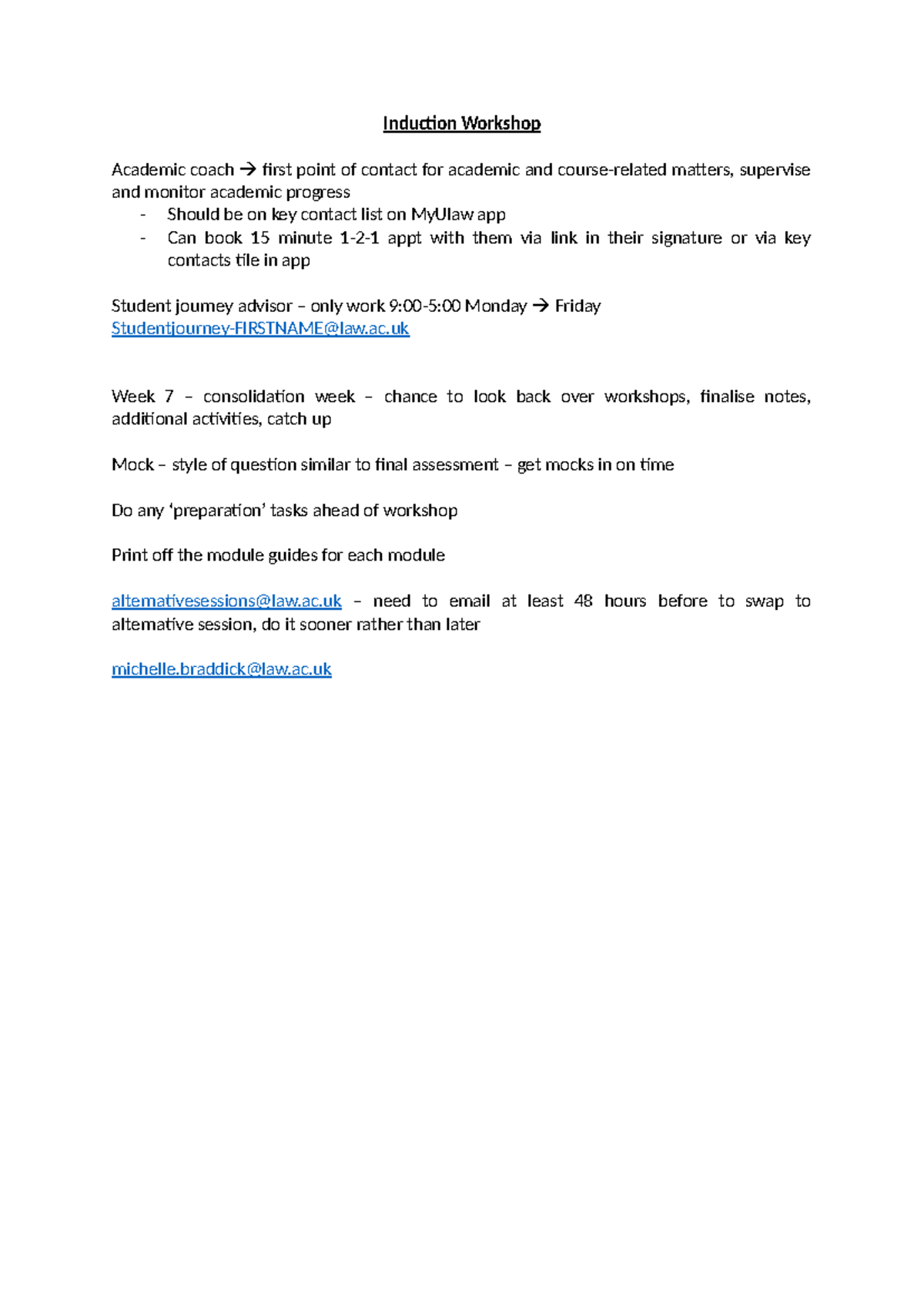 Induction Workshop 2024: Key Contacts & Academic Progress Tips - Studocu