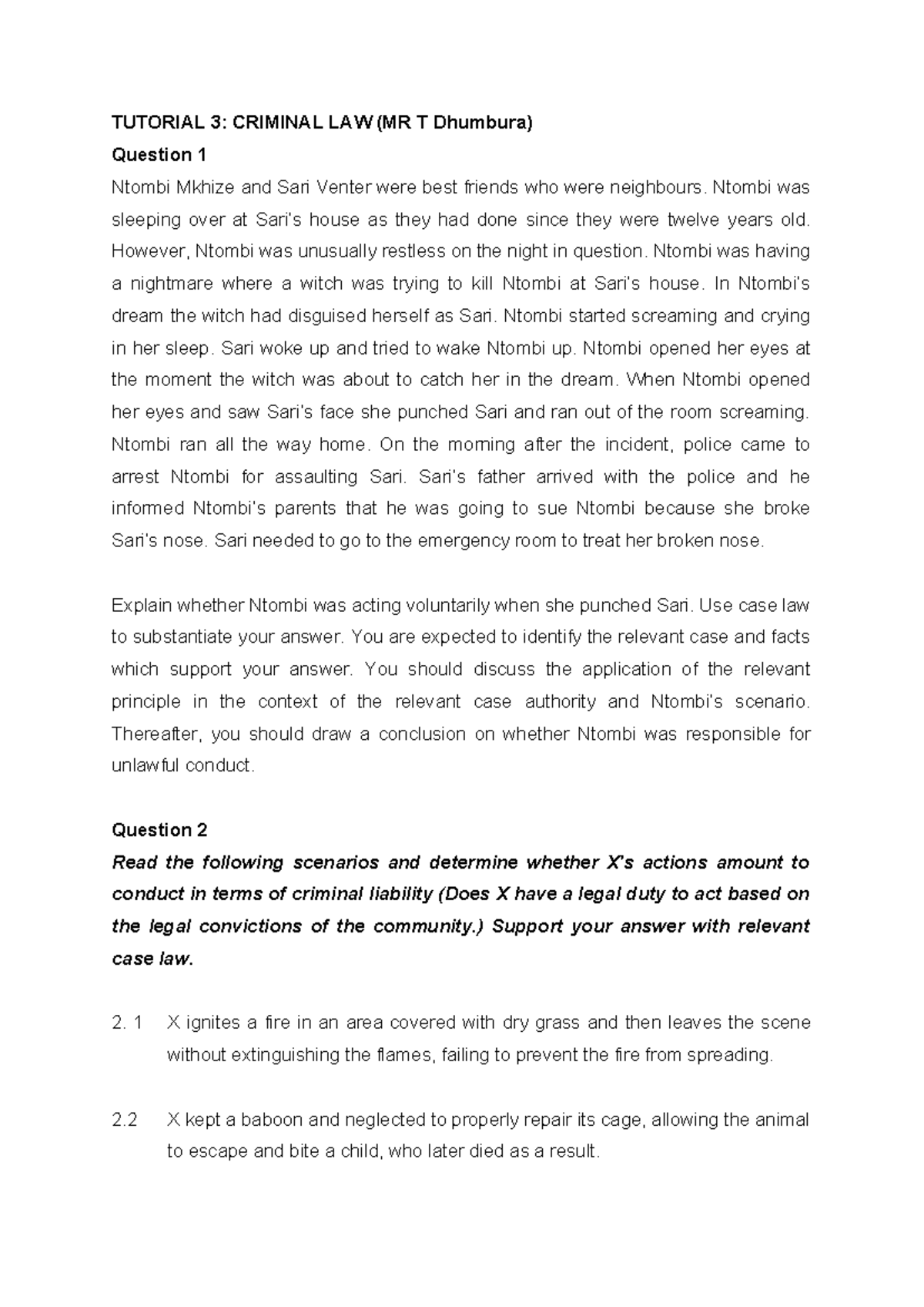 Tutorial 3: Criminal Law Questions & Case Analysis (CRIM101) - Studocu