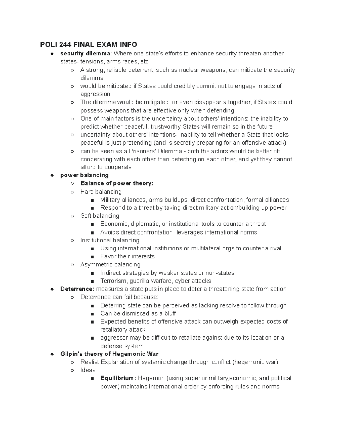 POLI 244 FINAL EXAM STUDY GUIDE: Security Dilemma & Hegemonic War - Studocu