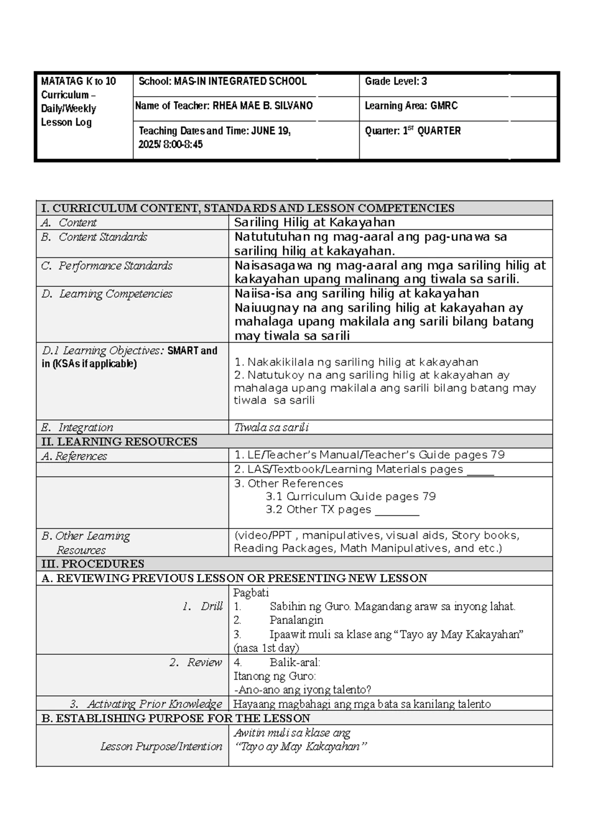 MATATAG K to 10 - Grade 3 Daily/Weekly Lesson Log - Studocu