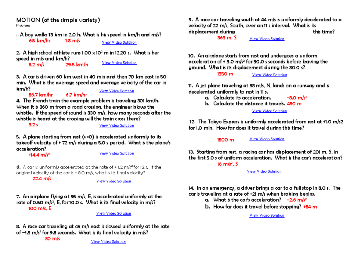 02a Simple Motion Problems - Answers and Solutions - Studocu
