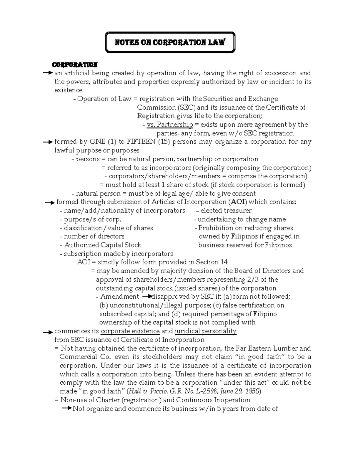 NOTES ON CORPORATION LAW (CORPORATION 101) - Studocu