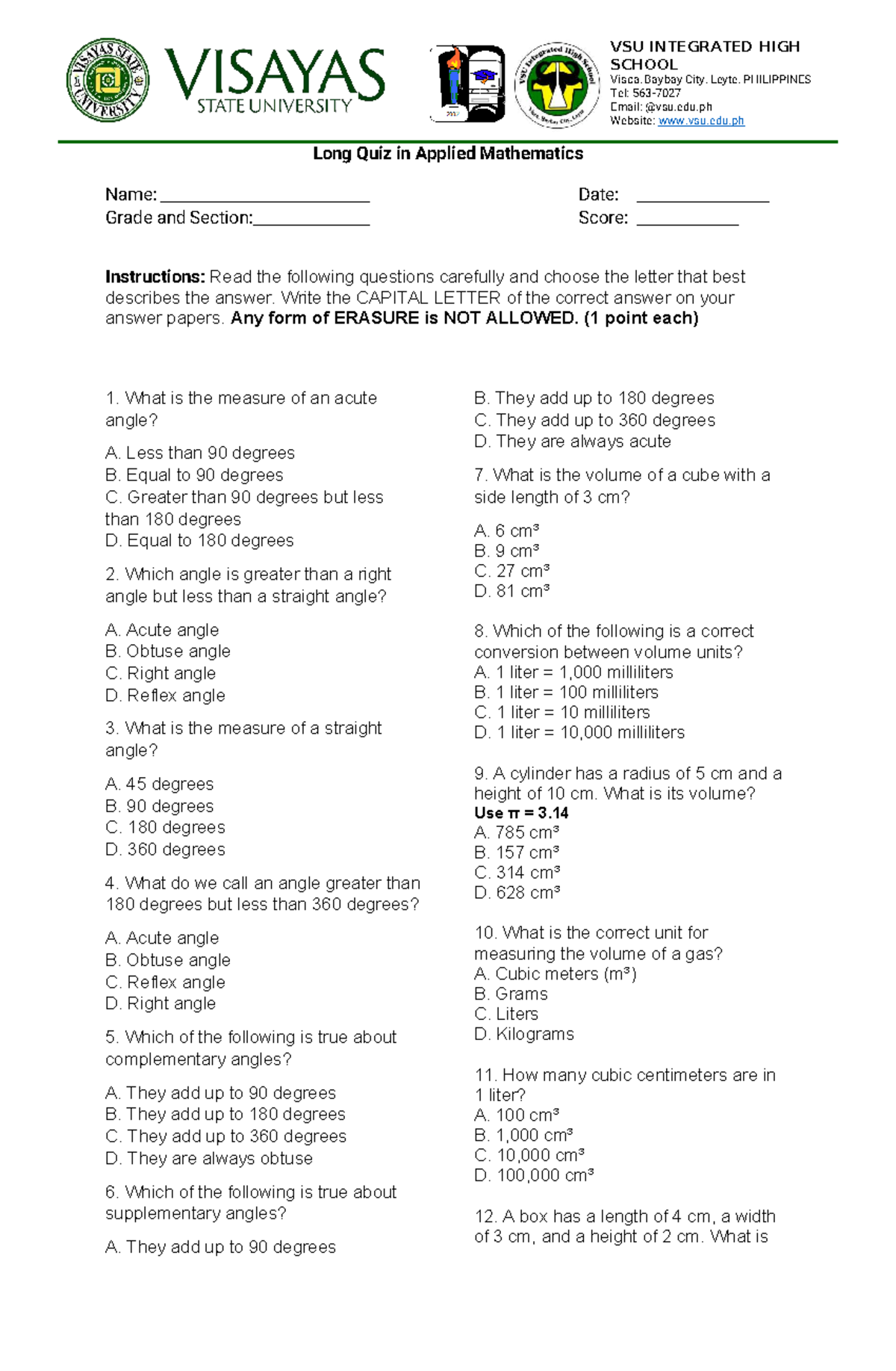 Applied Math Long Quiz - VSU INTEGRATED HIGH SCHOOL - Studocu