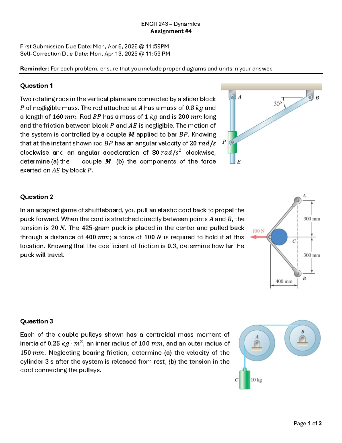 ENGR 243 Dynamics Assignment 4: Problem Solutions and Diagrams - Studocu