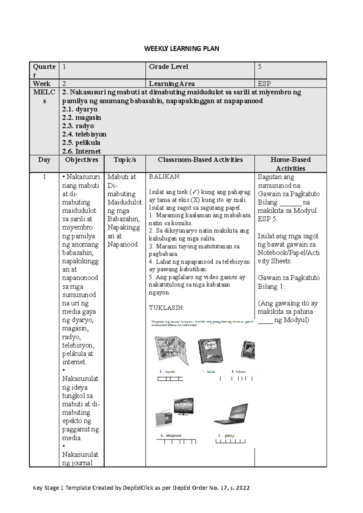 WLP Q1 W2 G5 - ENJOY LEARNING - WEEKLY LEARNING PLAN Quarte r 1 Grade ...